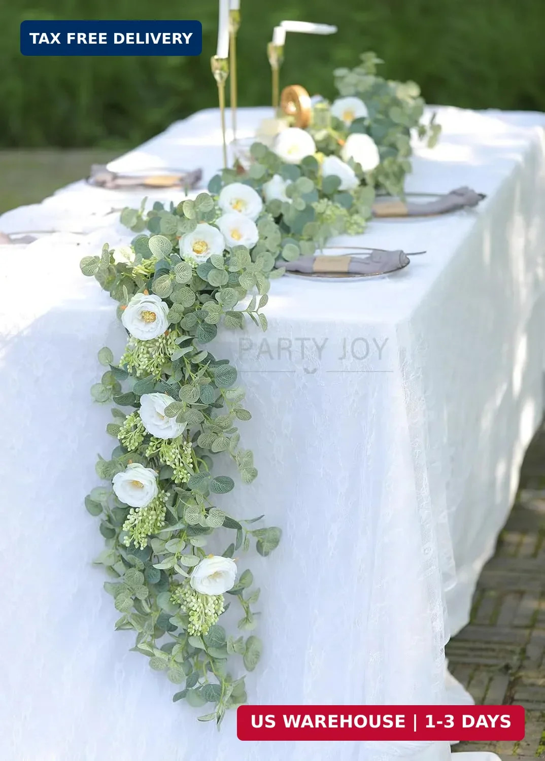 PARTY JOY 6.56ft Eucalyptus Garland with Flowers-8 White Roses, Artificial Fake