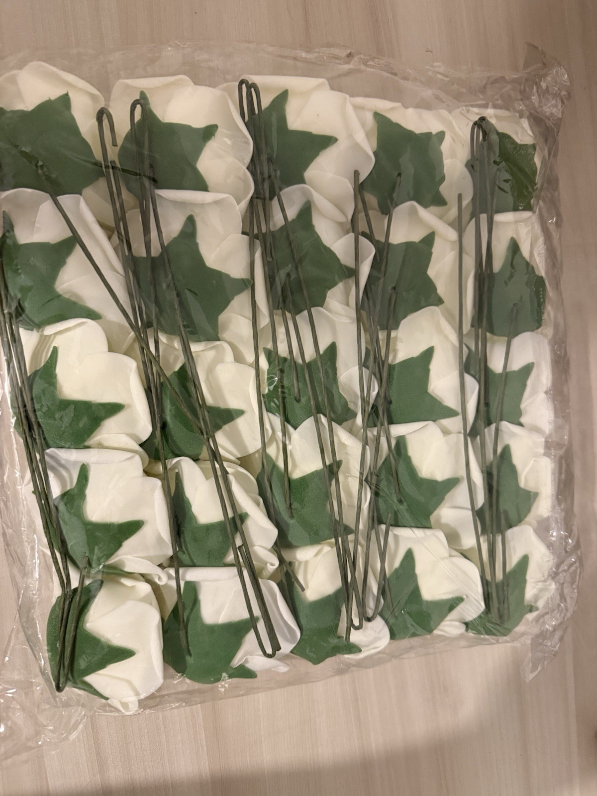 25 White Faux Rose Flowers With Wire Stems, Foam Material