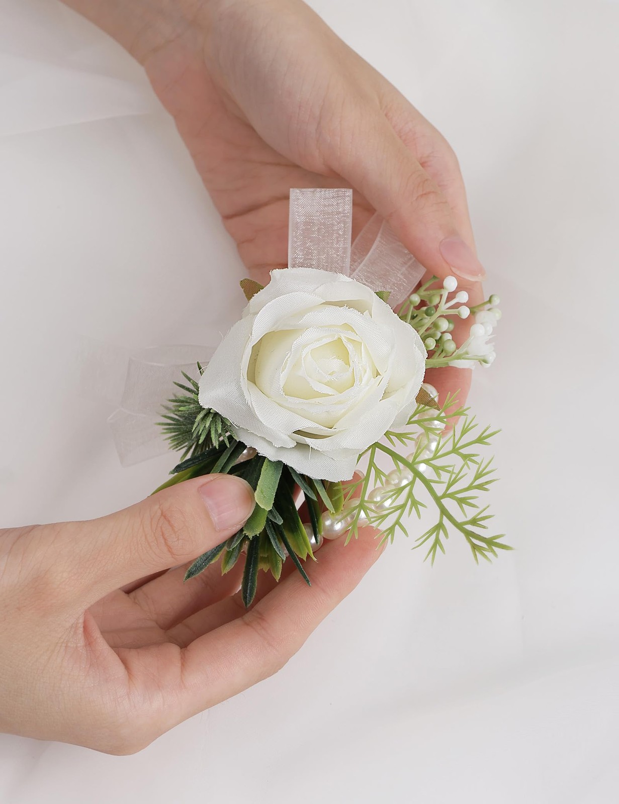 2 PCS Wrist Corsage Boutonniere Set Artificial Flowers Suit Prom White1