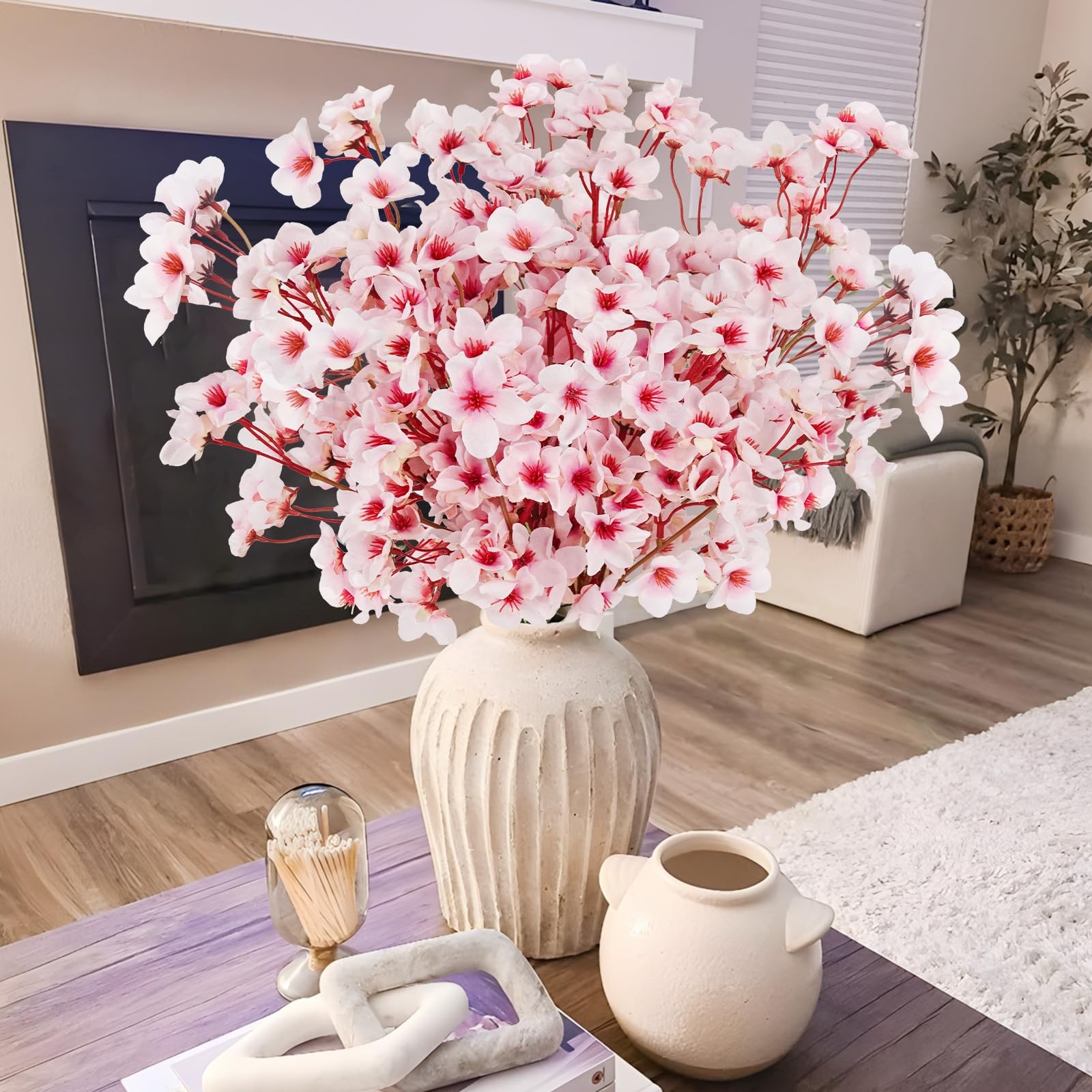 Artificial Cherry Blossom Branches, 6 Pcs Faux Silk Cherry Blossom Flowers Fa…