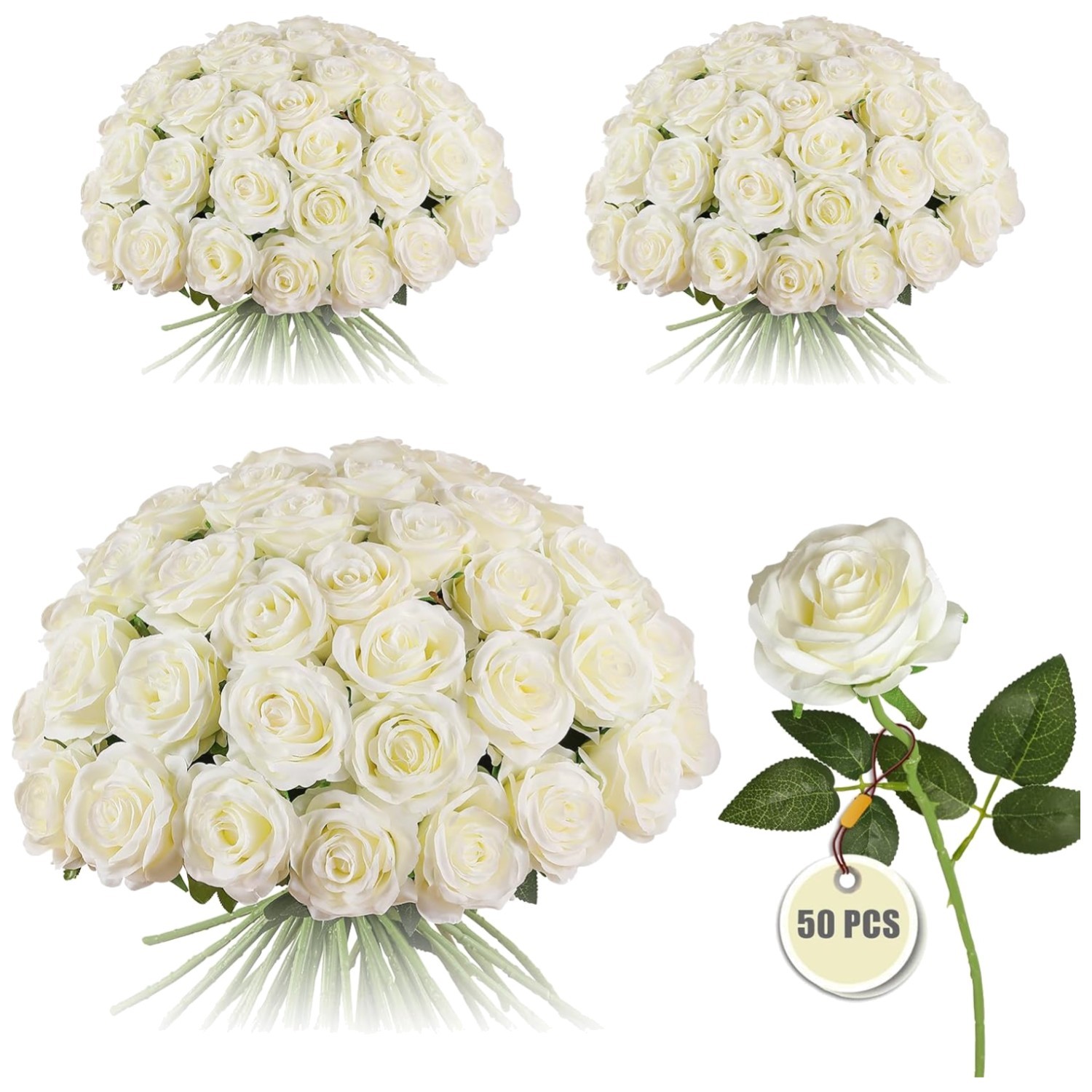 Realistic 20-Inch White Roses – Bulk Pack of 50 for Events