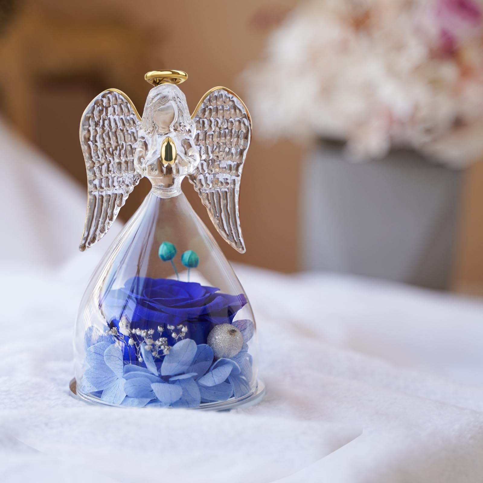 Angel Figurine Gift, Real Preserved Rose, Mom Birthday, Mothers Day, Blue