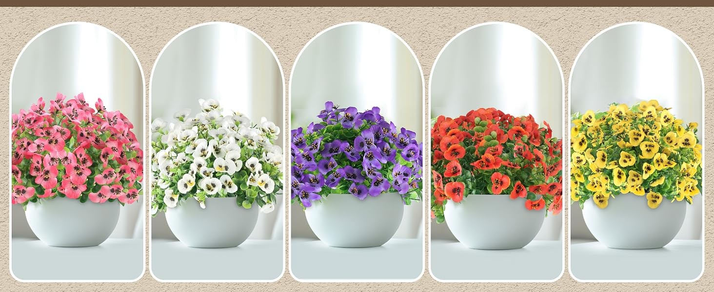 20 Bundles Artificial Fake Pansy Flowers for Outdoor | Yellow, White, Purple,