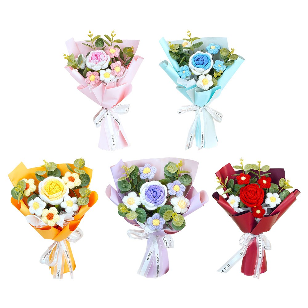Knitted Flower Crochet Flower Bouquet Finished Hand Woven Preserved Flower AE