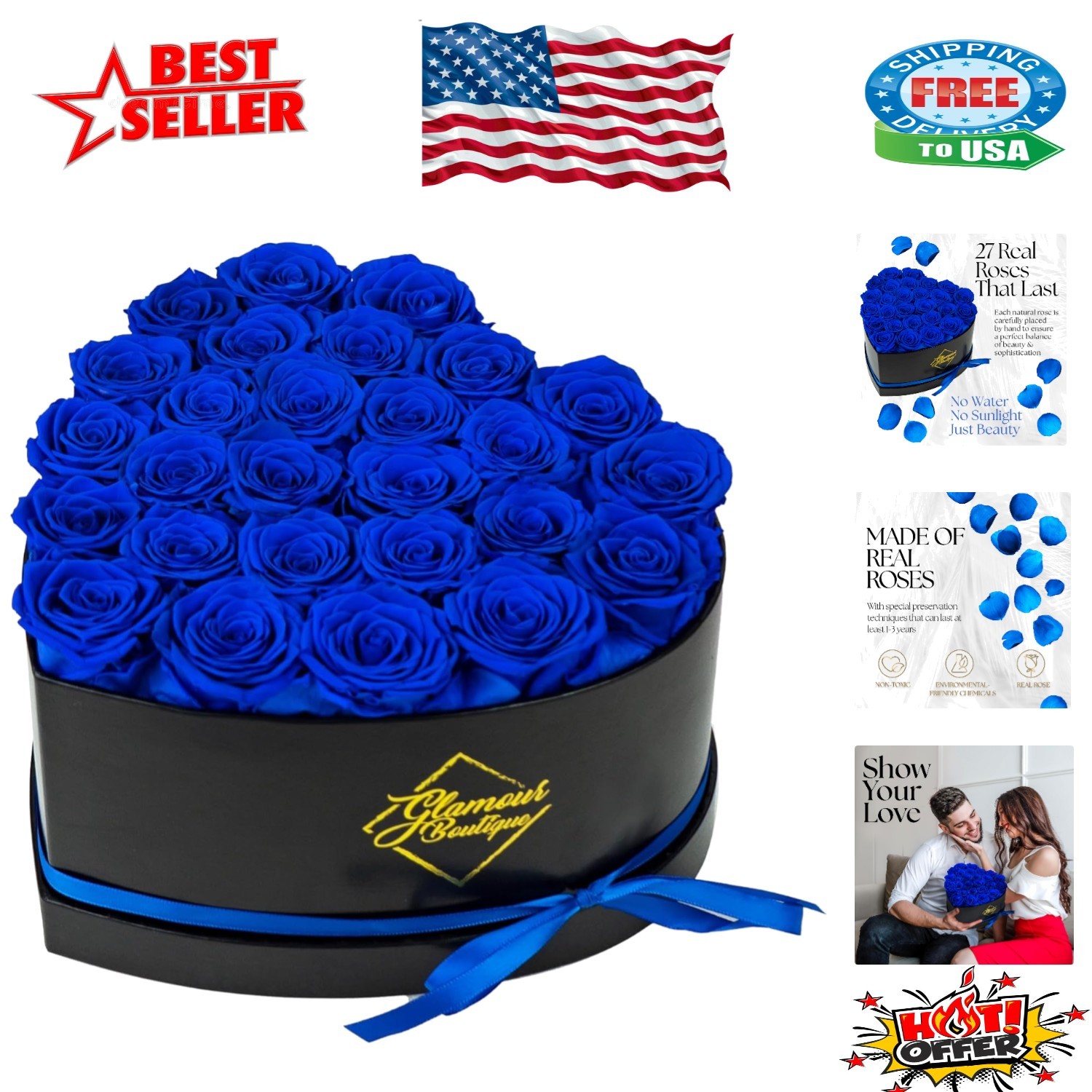 Hassle-Free 27 Blue Eternal Roses in Heart-Shaped Box – Timeless Elegance