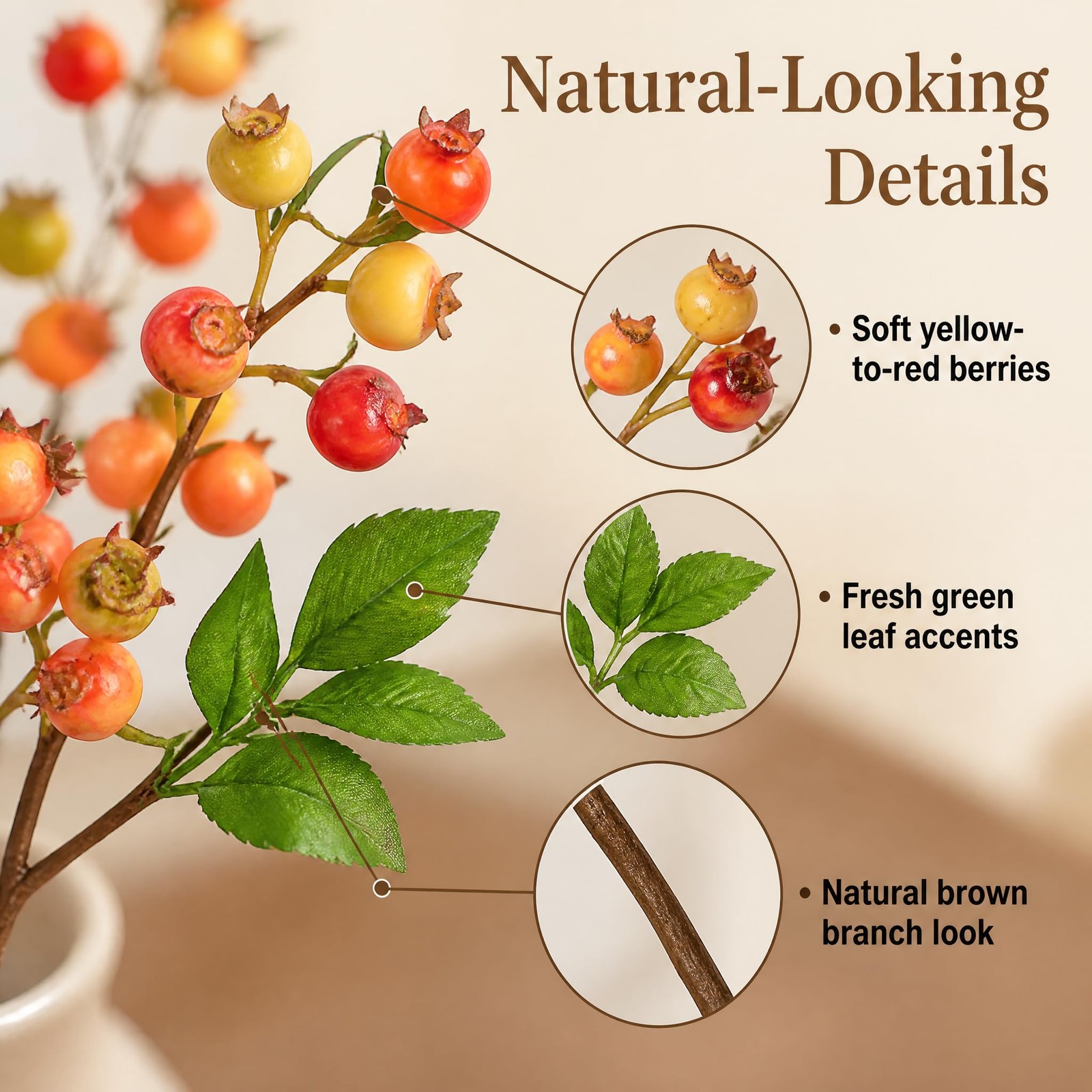 Fall Artificial Berries Stems 3Pcs Fake Blueberrys Orange Fruit vase Filler