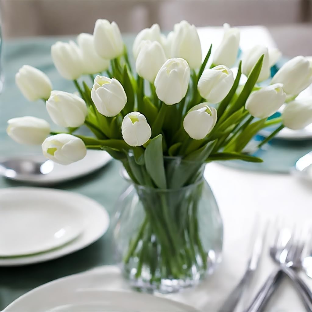Fake Tulips Flowers for Wedding Party Decor, 30pcs White