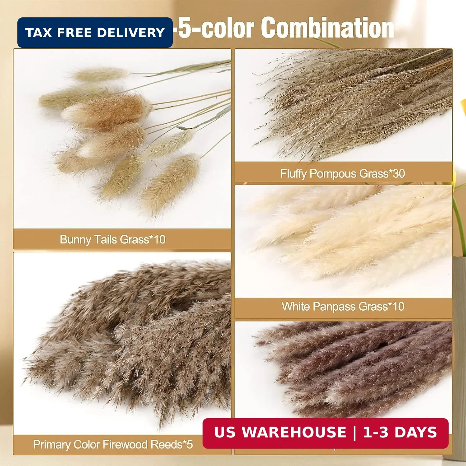N&T NETING Dried Pampas Grass Decor- White Pampas Grass, Brown Pampas, Bunny Tai