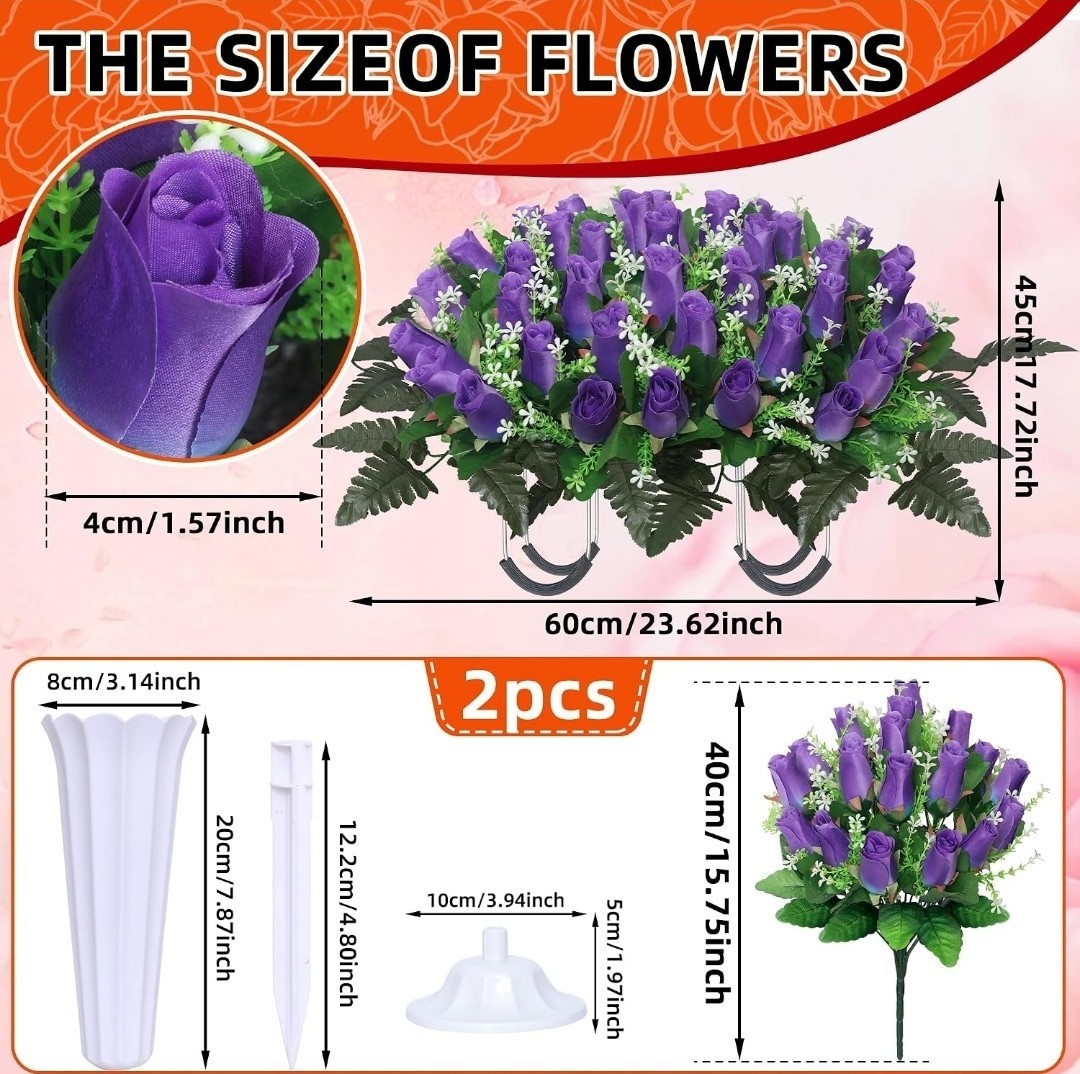 3 Sets Cemetery Flowers for Grave, Headstone Flower Saddle, Purple Rose Memorial