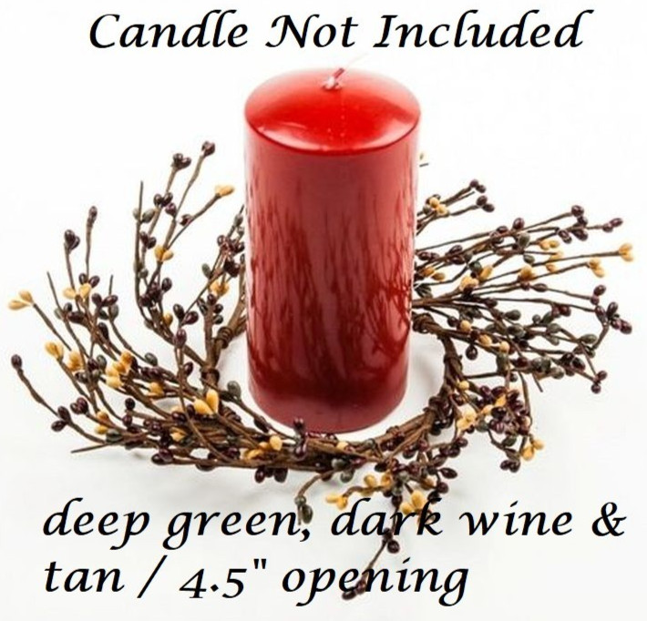 NEW Primitive Berry Candle Ring 4.5″ Pips Wreath BURGUNDY GREEN TAN FARMHOUSE