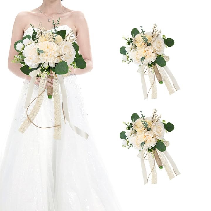 Set of 2 Bridesmaid Bouquets for Wedding, 9 Inch Boho Bridesmaid Flowers for …