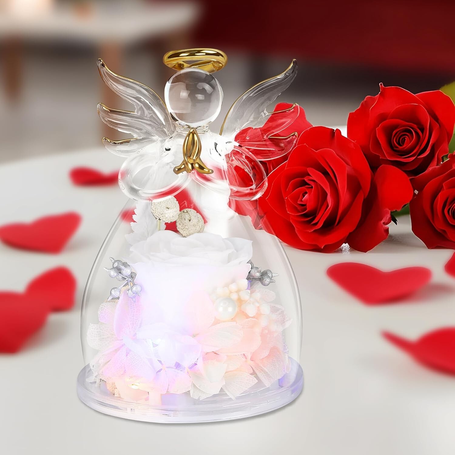 Preserved Flower Rose in Glass Angel Figurines,Mothers Day Rose Gifts for Mom,Bi