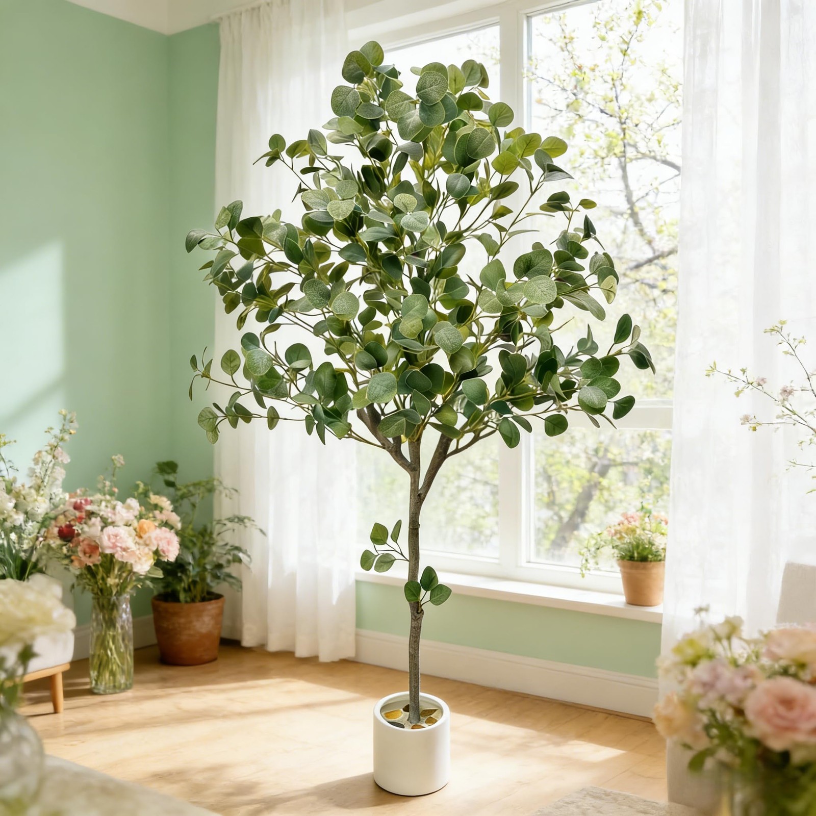 5FT Artificial Eucalyptus Tree, Lifelike Fake Floor Plant with Silver Dollar …