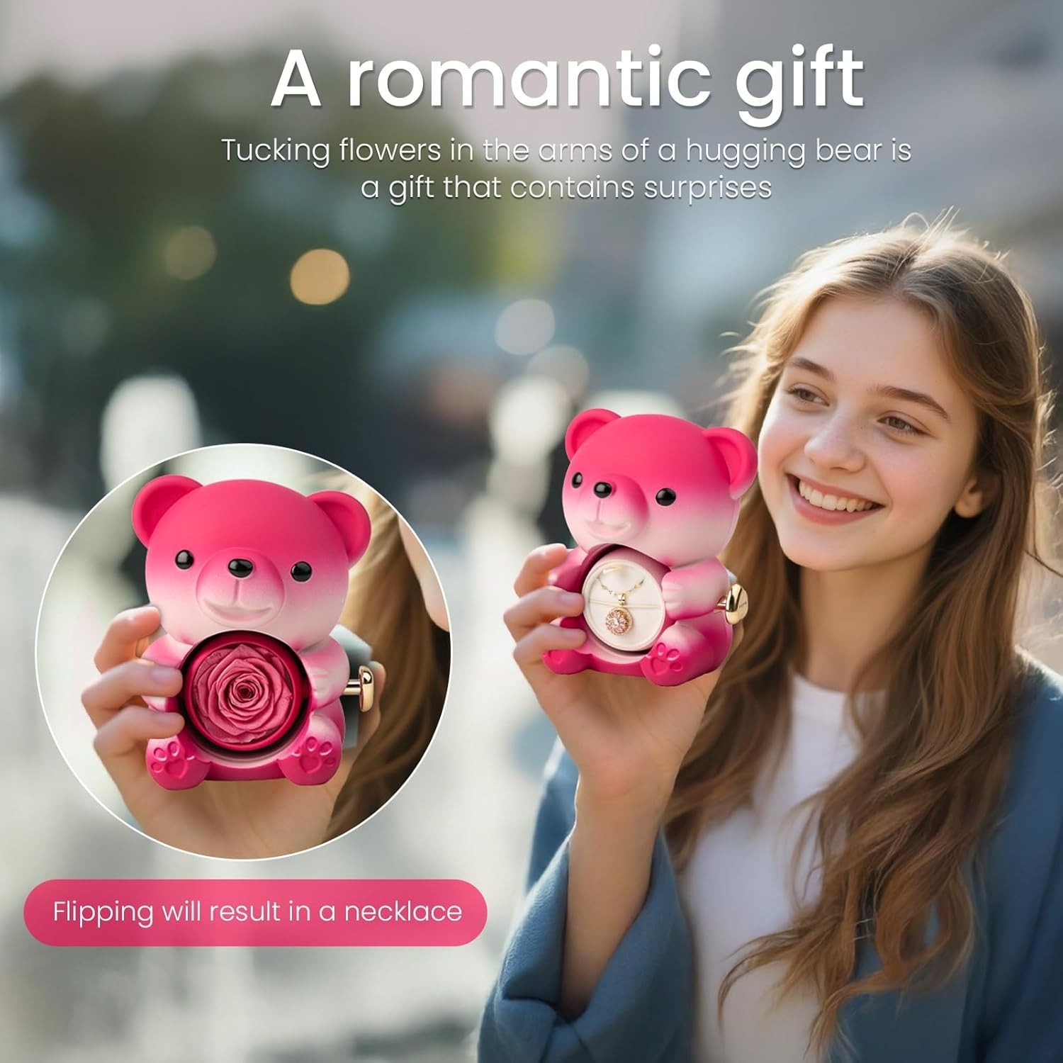 Cute Teddy Bear with Preserved Rose and Necklace, Elegant Bear Roses Gifts with