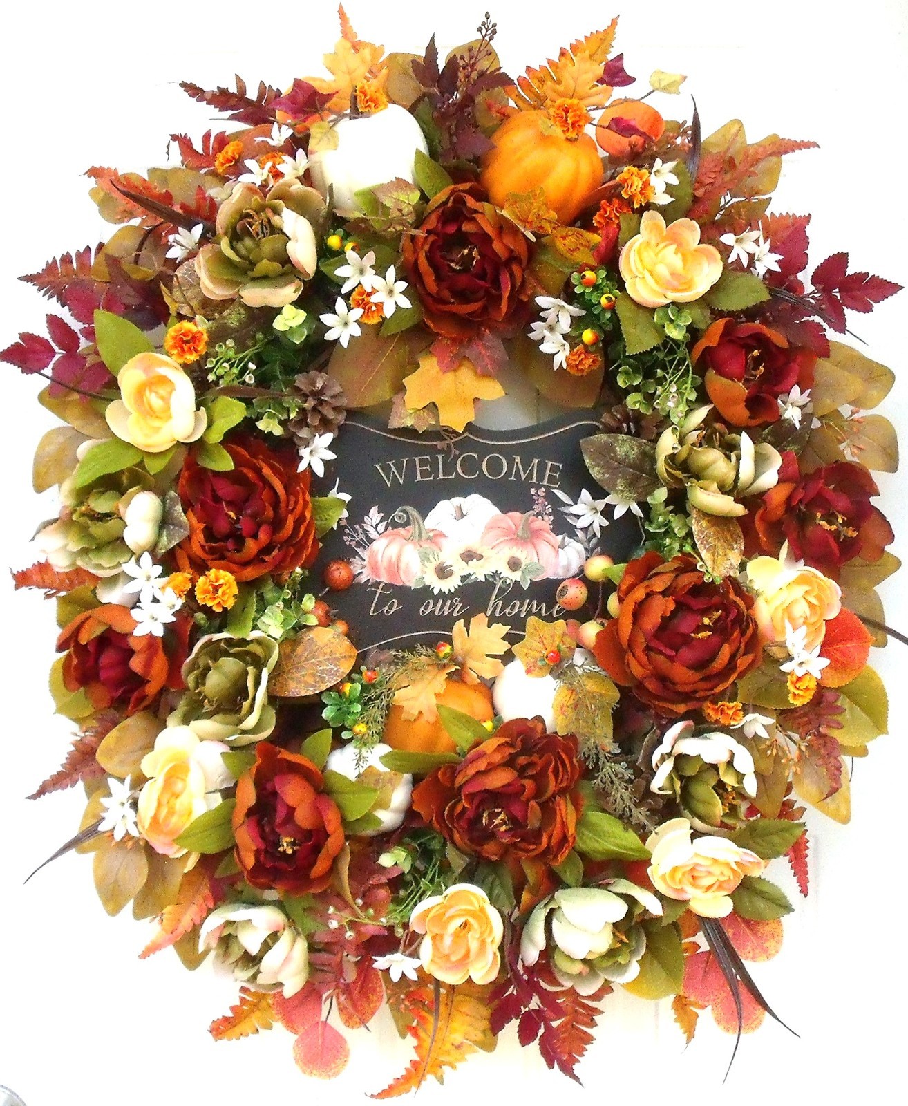Fall Door Wreath, Thanksgiving Autumn Peony Pumpkin Wreath, Sage Orange Rust