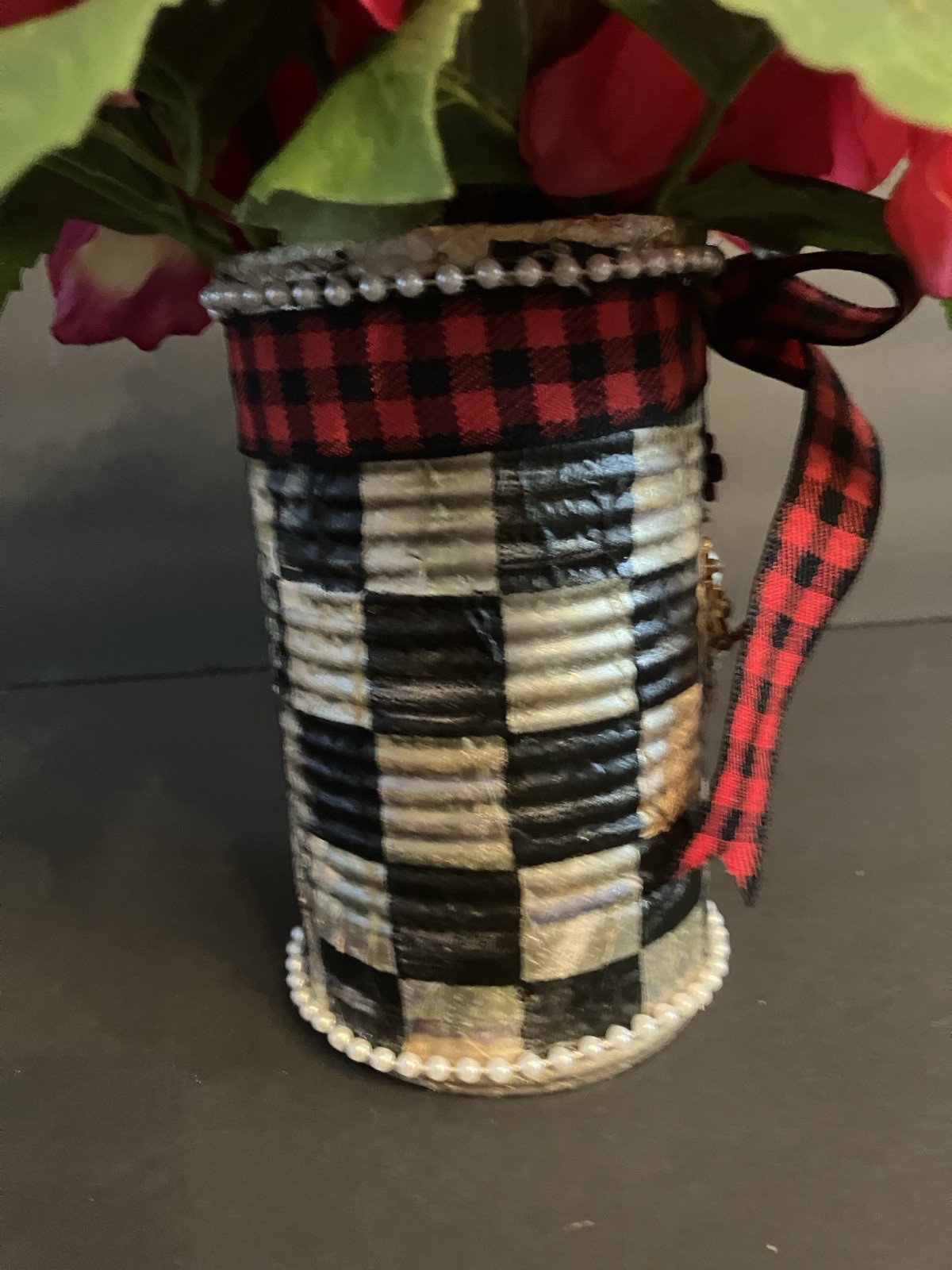 Spring Floral Arrangement In Recycled Can Mackenzie Childs Napkin Red Zinnias
