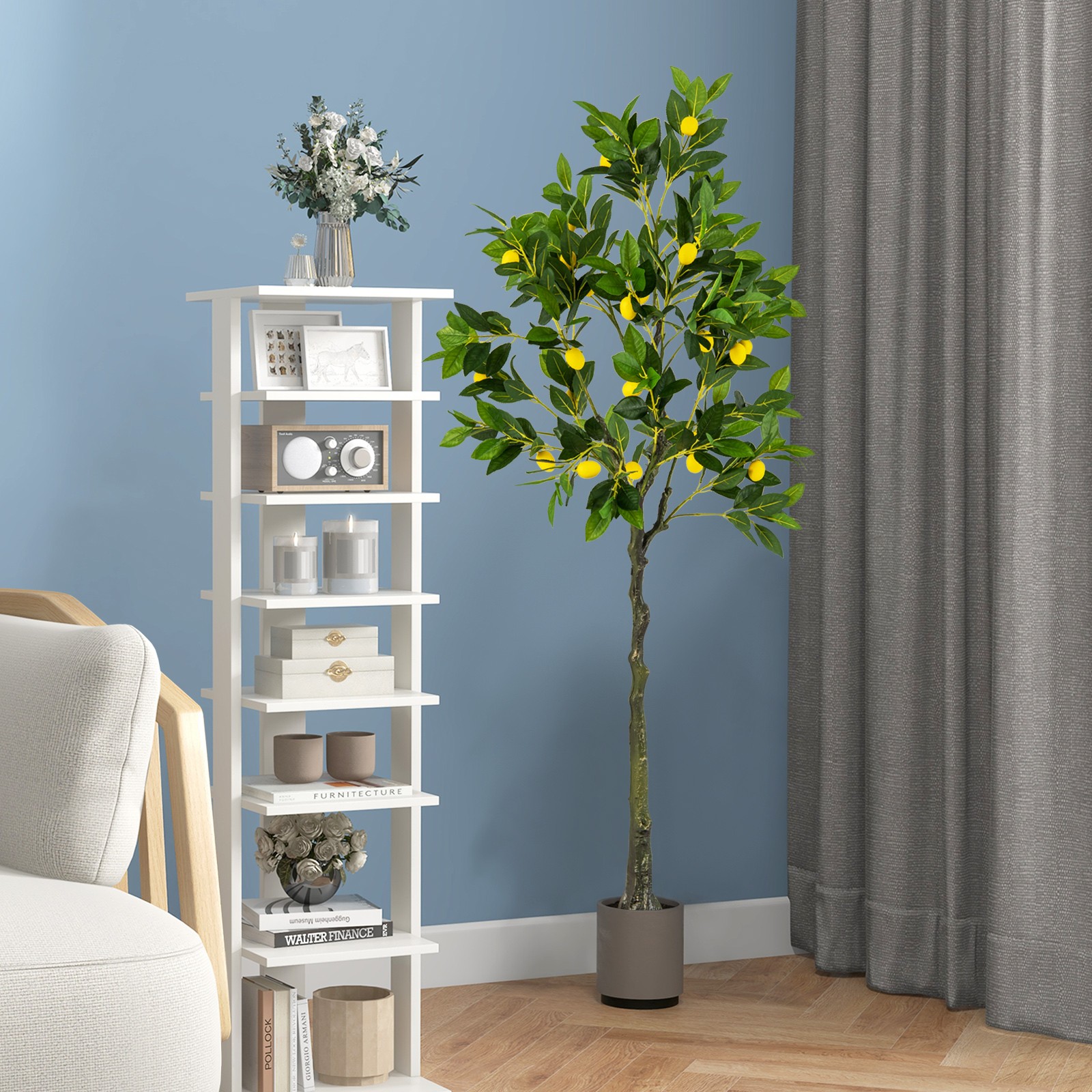 2 PCS 5.2 FT Tall Artificial Lemon Tree w/ Lemon Fruits, Cement Pot for Office