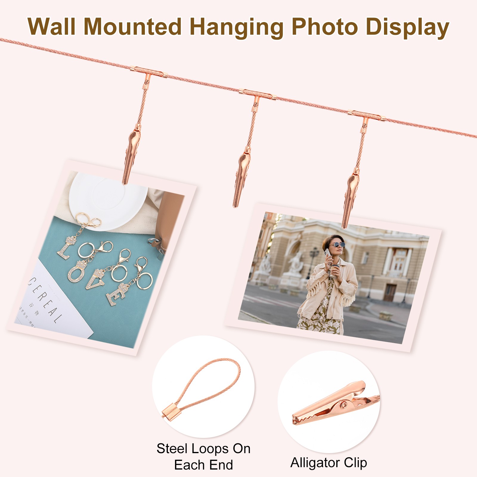 5Ft Wall Hanging Photo Display Cable Wire Rod with 12 Alligator Clips, Rose Gold