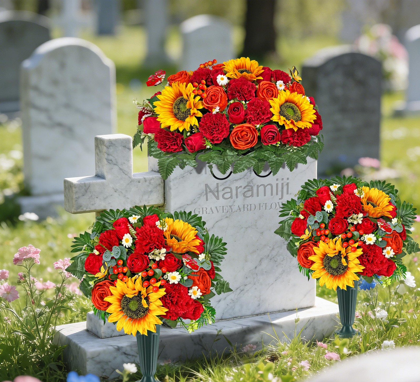 Cemetery Flowers with Grave Vase and Headstone Flower Saddle of Red Sunflower…