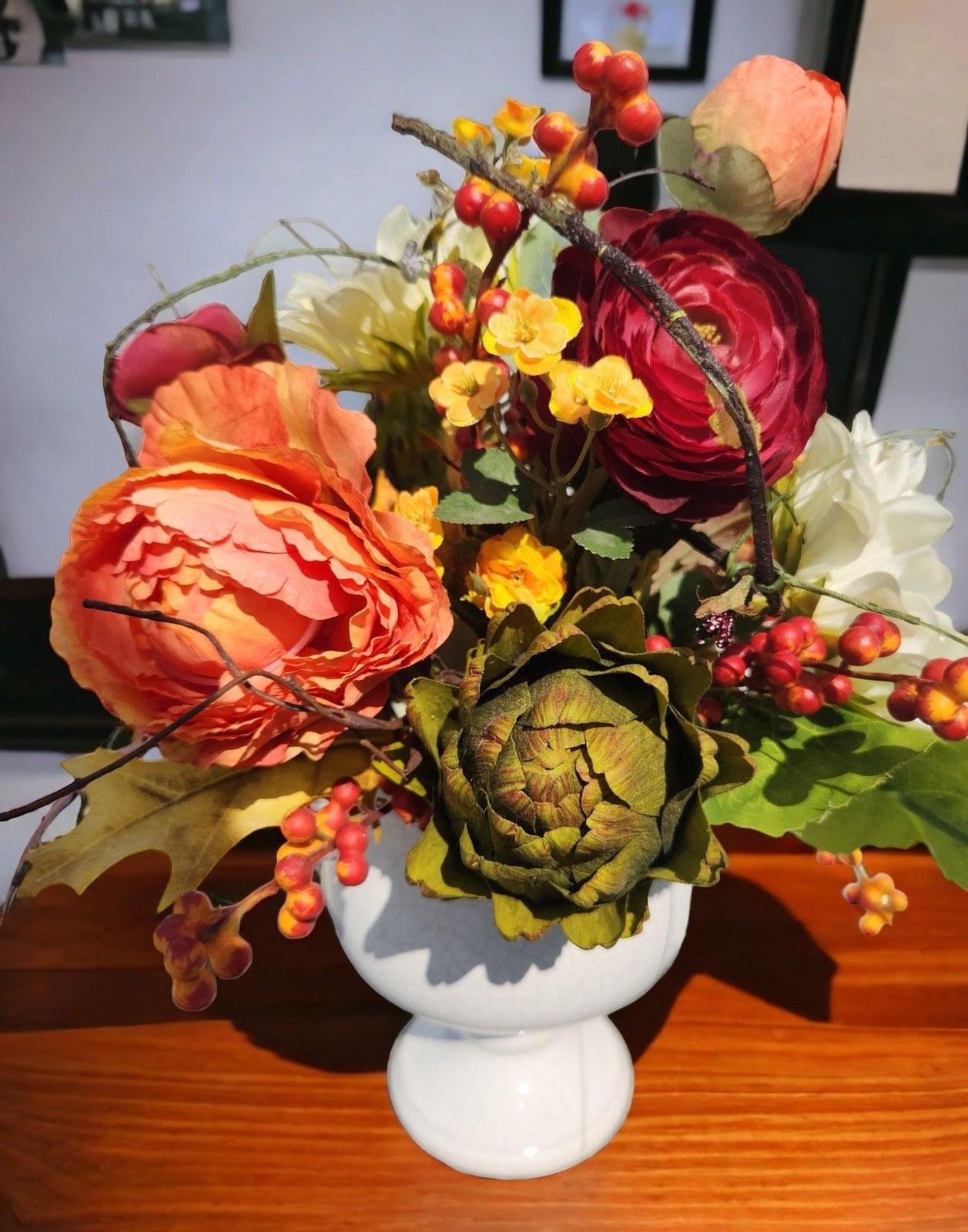Autumn Artificial Floral Centerpiece With Sunflowers & Ranunculus Arrangement Wh