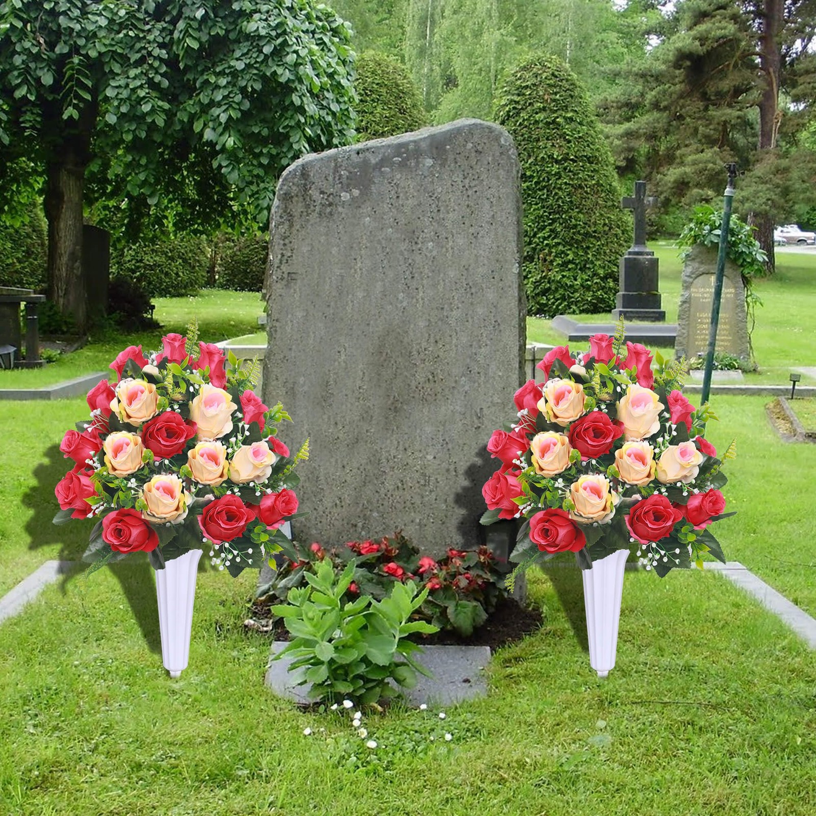 Lodou Artificial Cemetery Flowers,Set of 2 Grave Decorations Roses, Tombstone Me