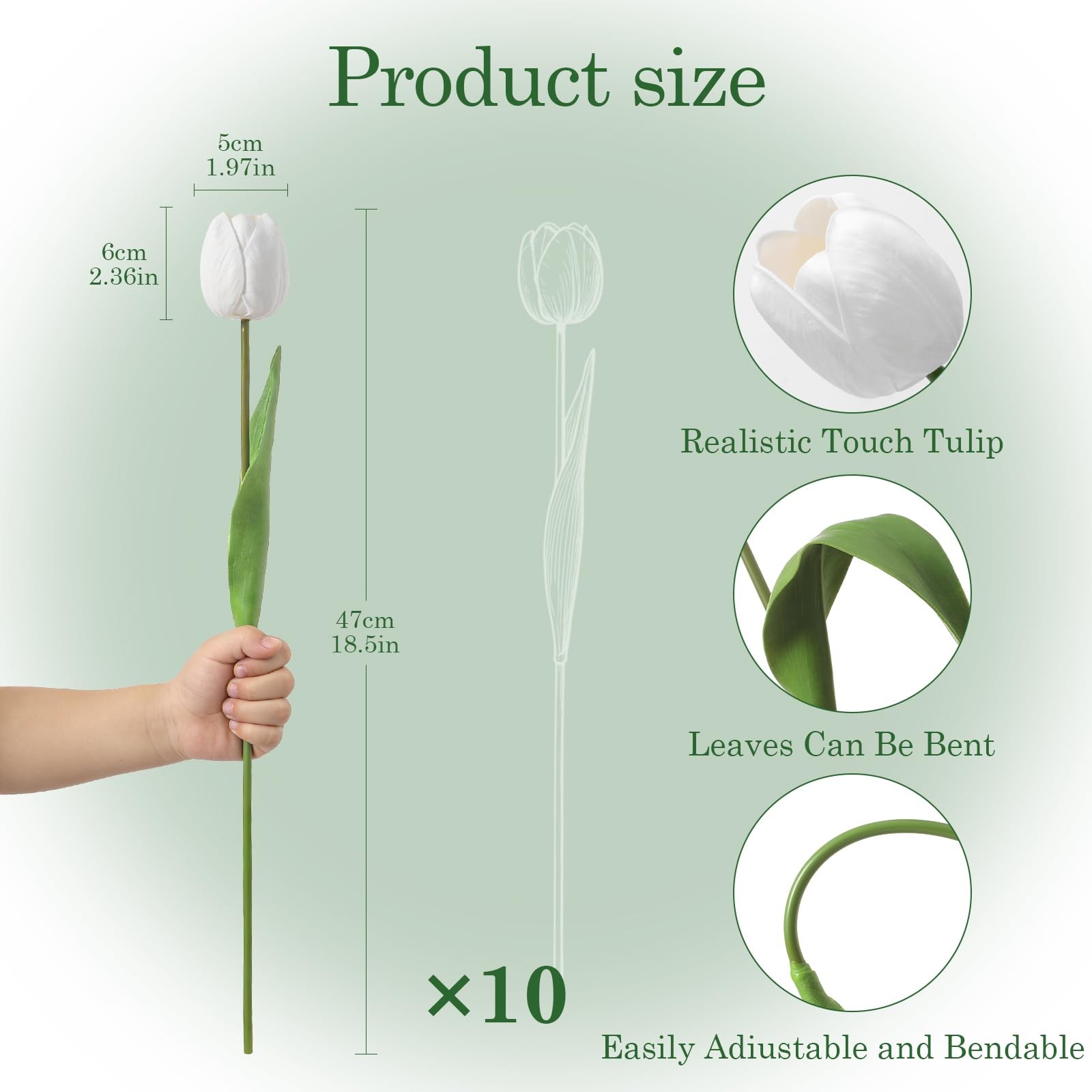 1 PCS 18.5 Inch White Fake PU Tulips Artificial Flowers Bouquet Spring Decor