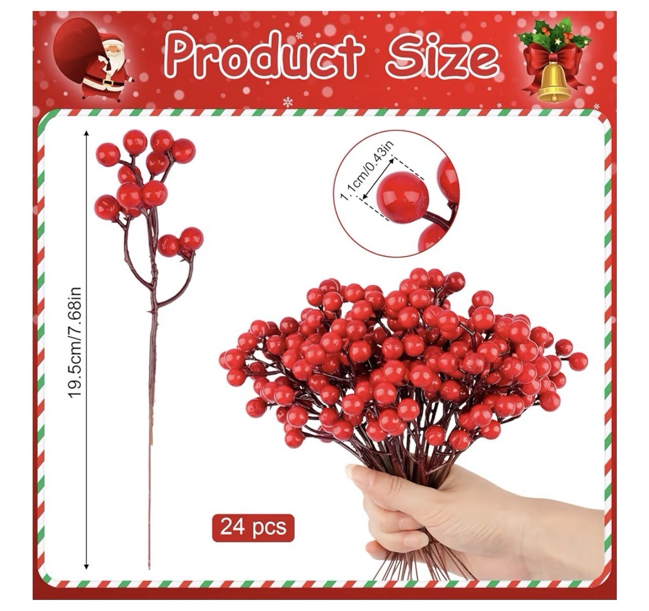 24 Pack 7.6 Inch Red Berry Stems, Holly Berry Stems, Artificial Red Berry Picks