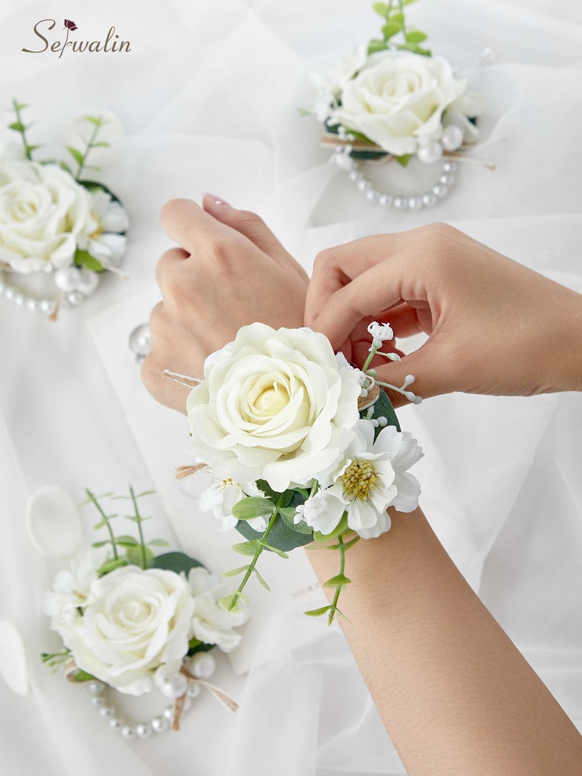 Ivory Rose Corsage & Boutonniere Set Wristlet Mens Wedding Prom Homecoming