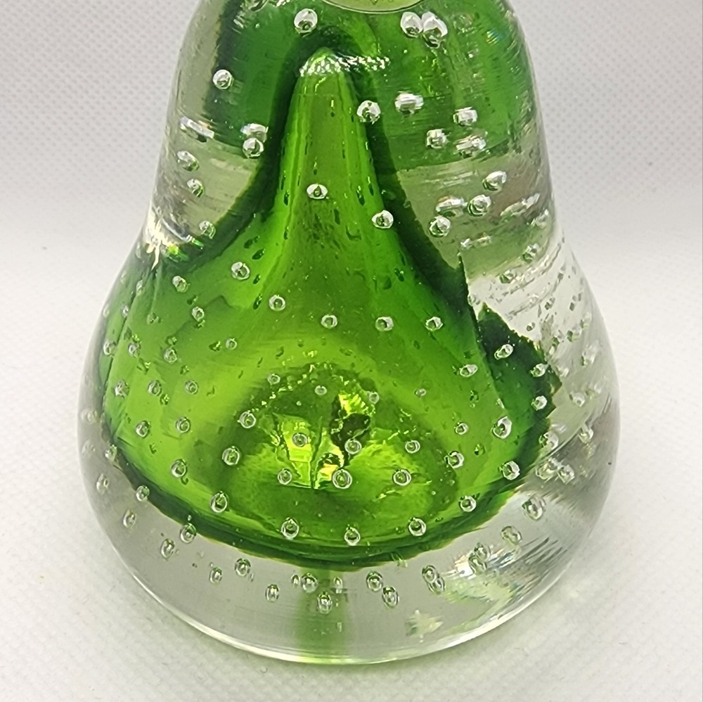 Glass Paperweight Pear Shape Green & Clear Glass with Air Bubbles