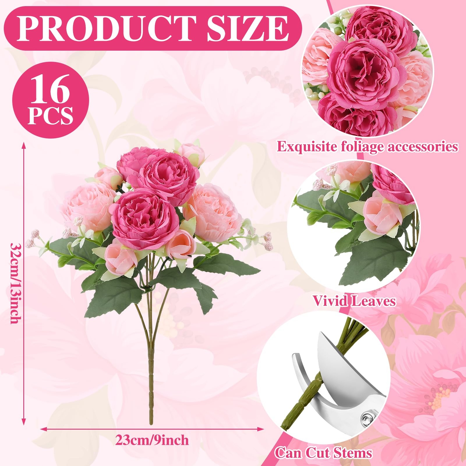 Ovveroche 16 Pack Pink,Hot Pink Peonies Artificial Flowers,Fake Silk Hydrange…