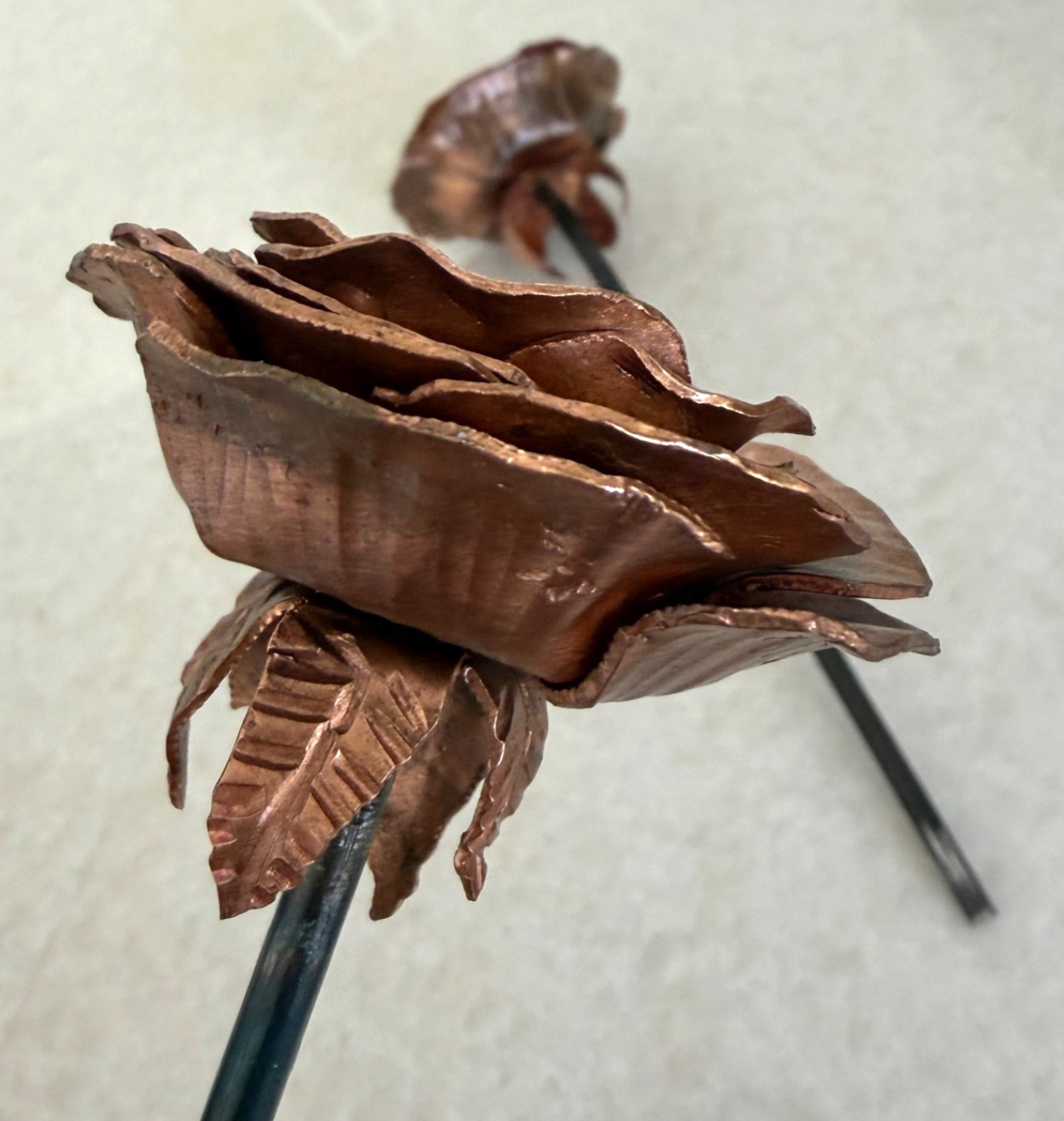 Copper-Tone Metal Rose Sculpture Pair 7” 9” Handcrafted Floral Decor