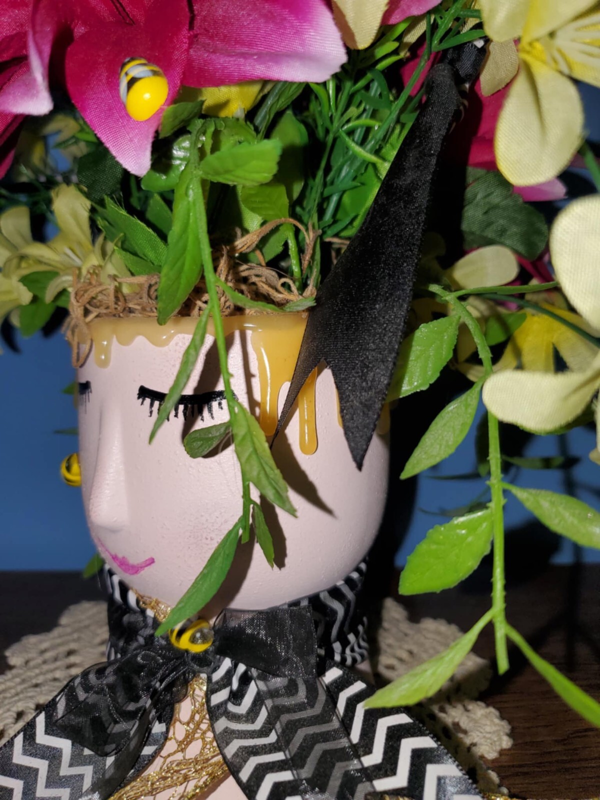 Handmade Floral Arrangement Whimsical Planter Bumble Bee Fushia Yellow Forsythia