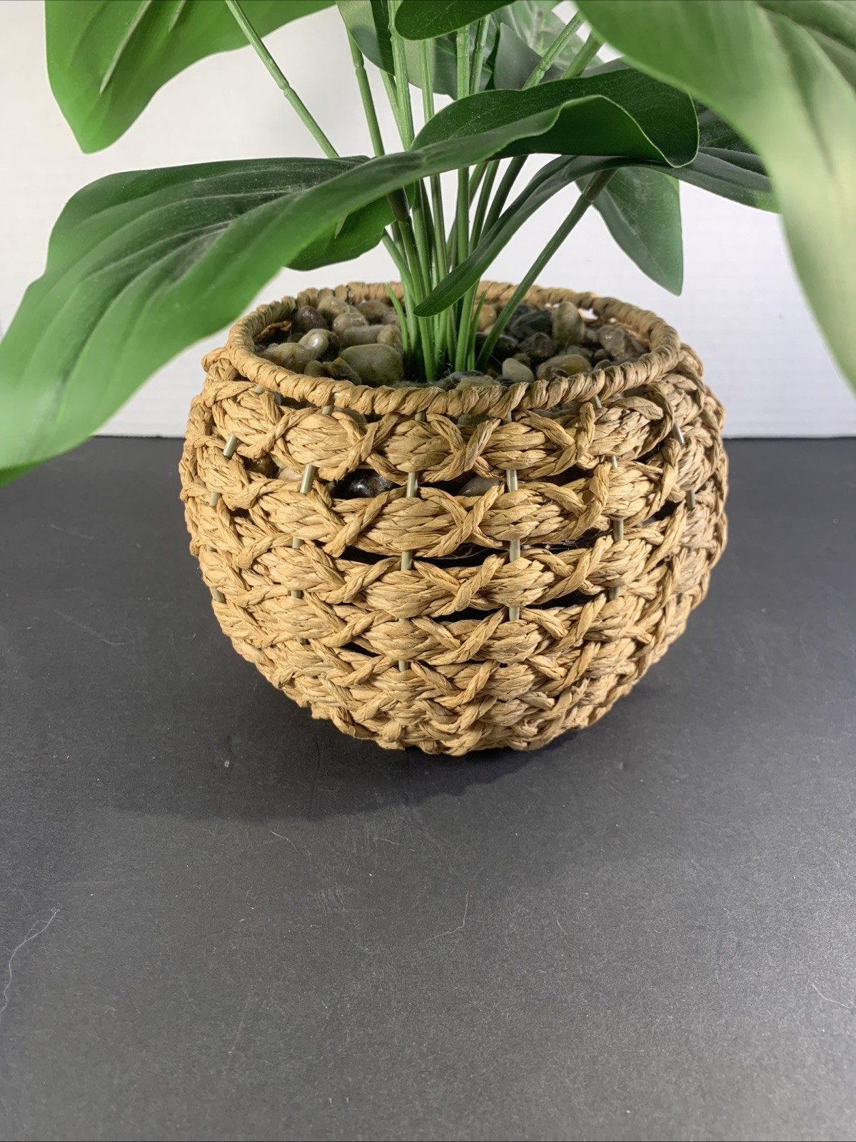 Faux Tropical Sweetheart Plant Seagrass Woven Planter Alocasia River Rock 12”