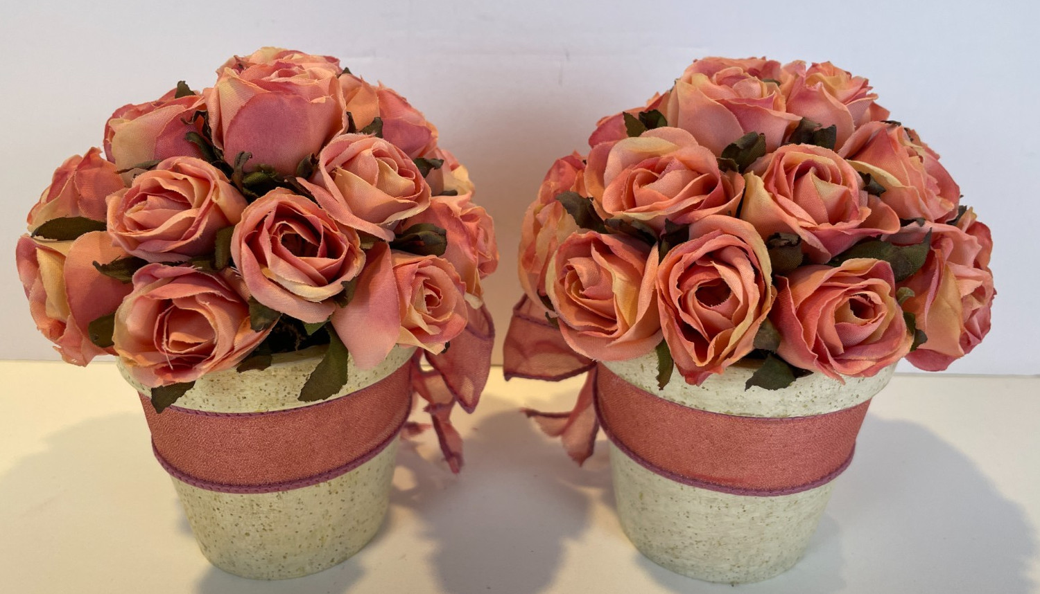 Beautiful Set of 2-Silk Pink Roses in Faux Clay Pots Home Accessory Decor