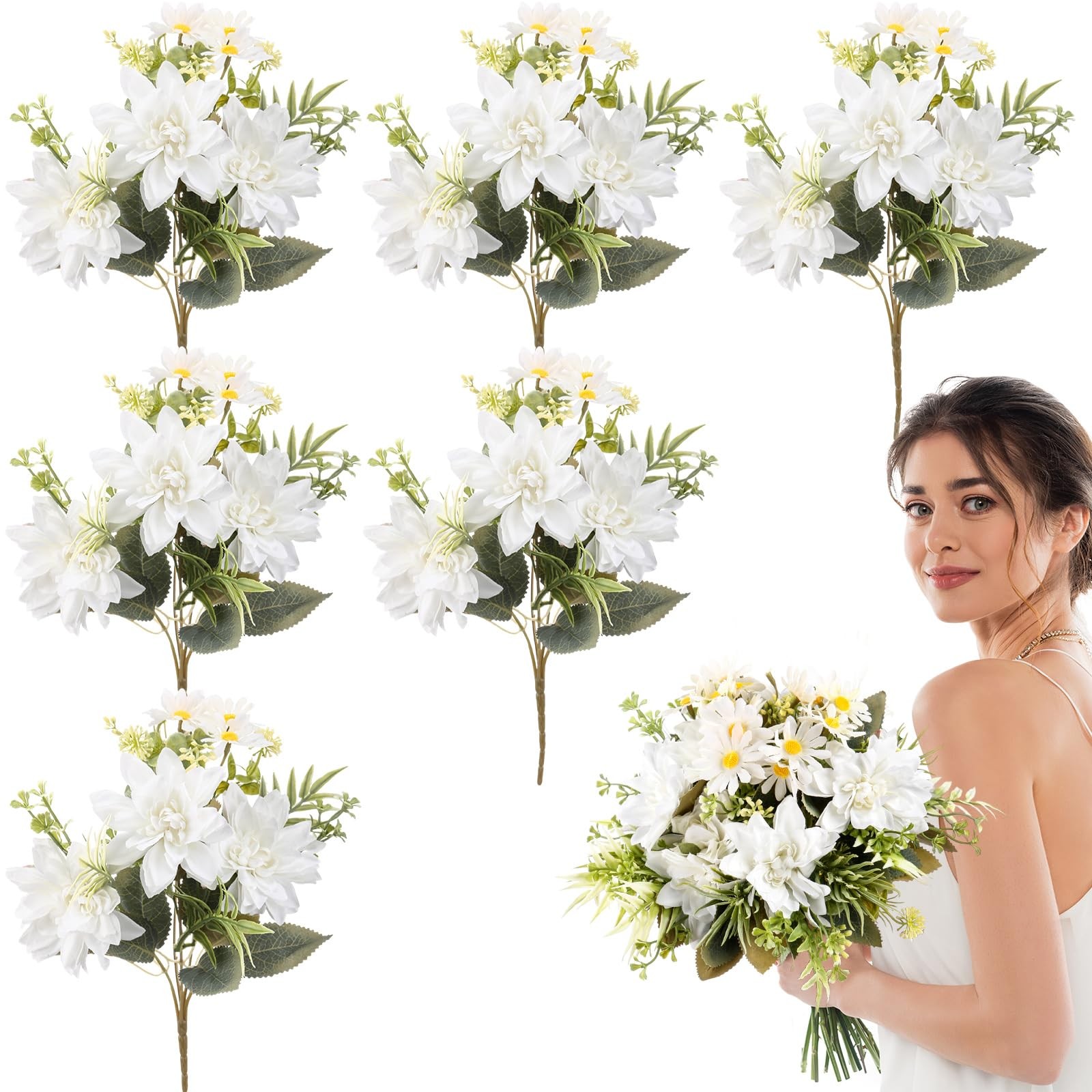 6 Bundles Artificial Dahlia Flowers Bouquets with Daisies Silk Flowers Artifi…