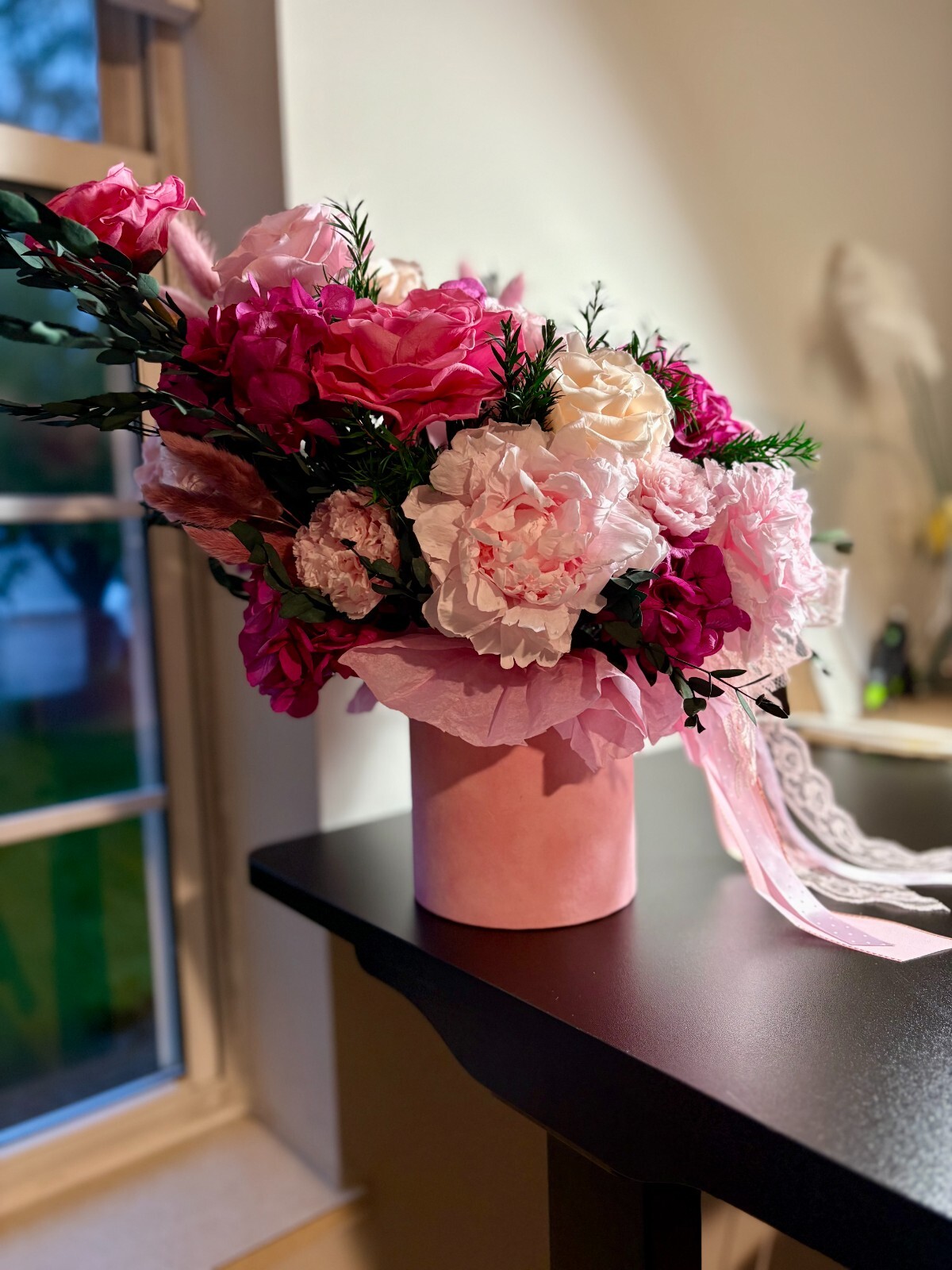 Preserved Flower Bouquet in Pink Raspberry Hat Box, Real Flowers, Lasts 1+ Year