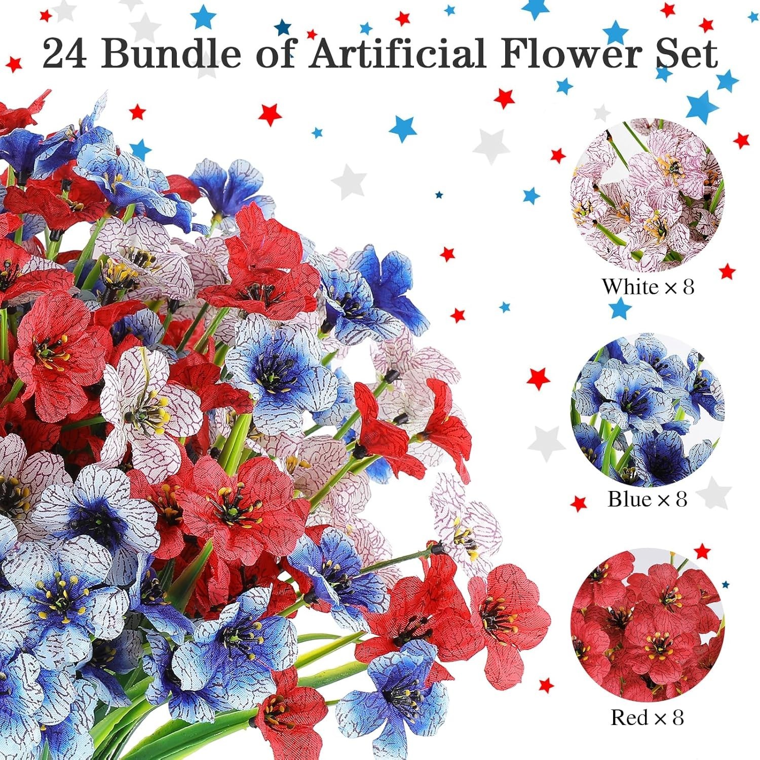 24 Bundles of Faux Flowers – Vibrant Red, White & Blue for -Round Decor
