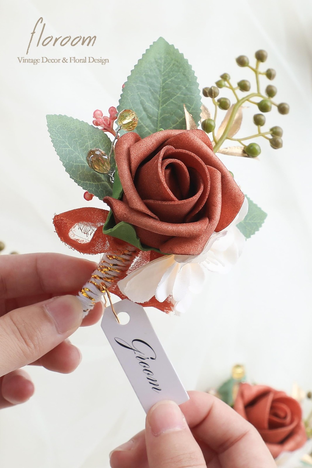 Set of 6 Burnt Orange Terracotta Foam Rose Boutonnieres with Pins for Men Wed…
