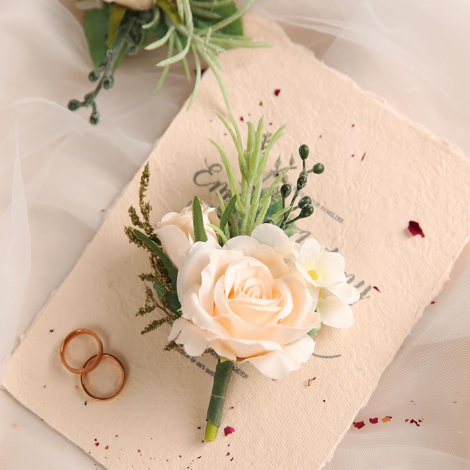 Champagne Faux Silk Rose Corsage and Boutonniere Set for Prom
