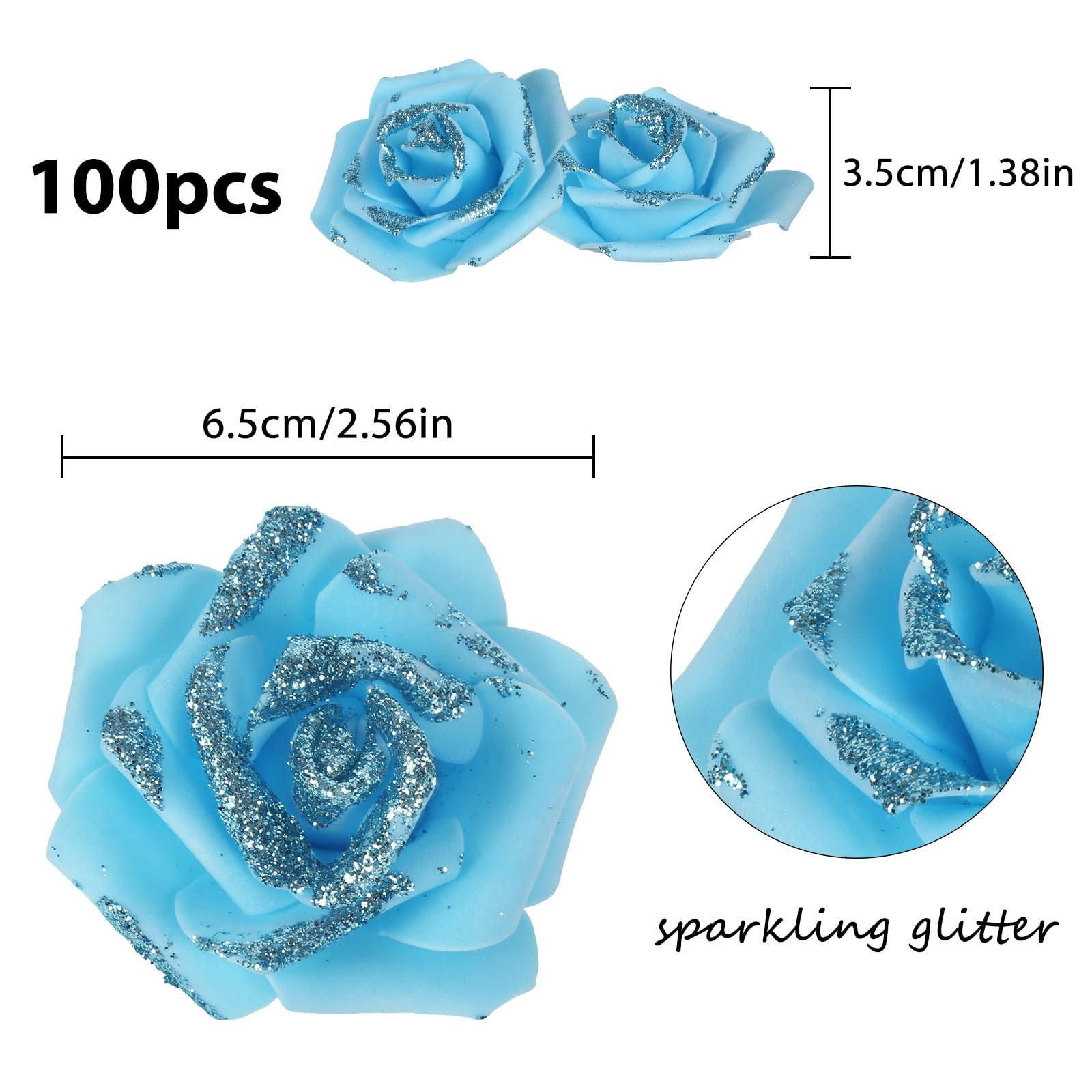 100 PCS Light Blue Glitter Roses Foam 2.56″ Artificial Flowers Wedding Decor