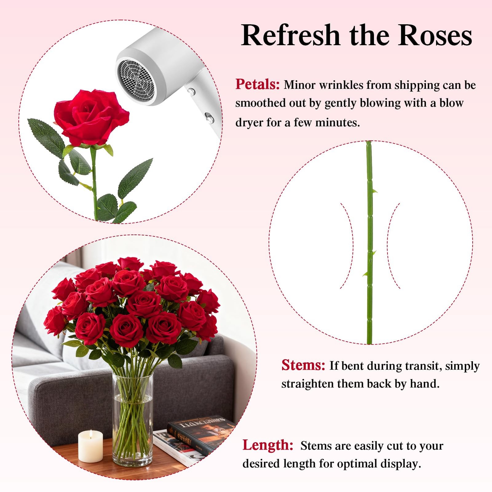 Fake Red Roses Set, 50 PCS Artificial Flowers Bulk, Realistic Silk Faux Rose …