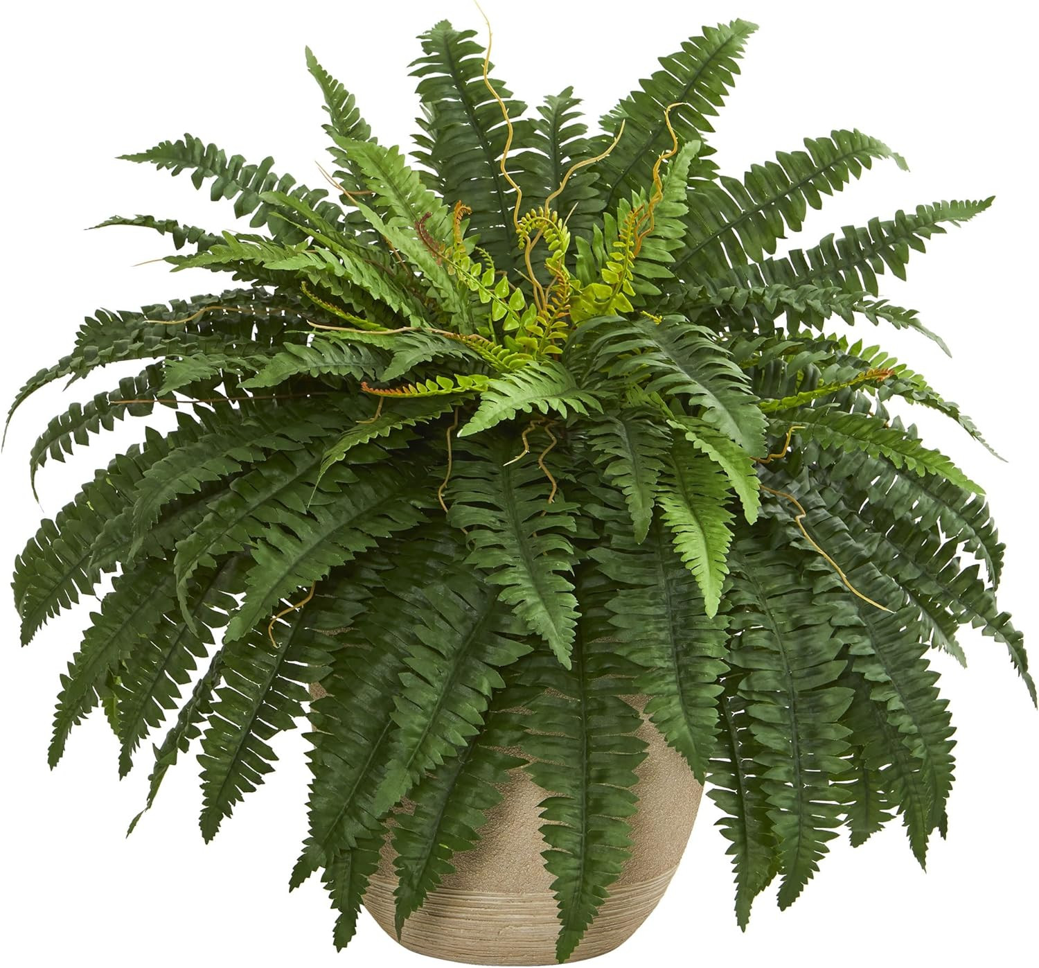 22In Artificial Boston Fern Plant in Sandstone Planter – Realistic Fake Greenery