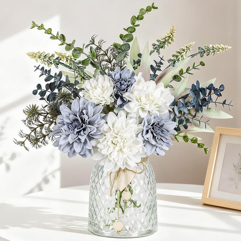 Artificial Dahlia Flowers Vase Elegant Floral Arrangement Home Decor Centerpiece