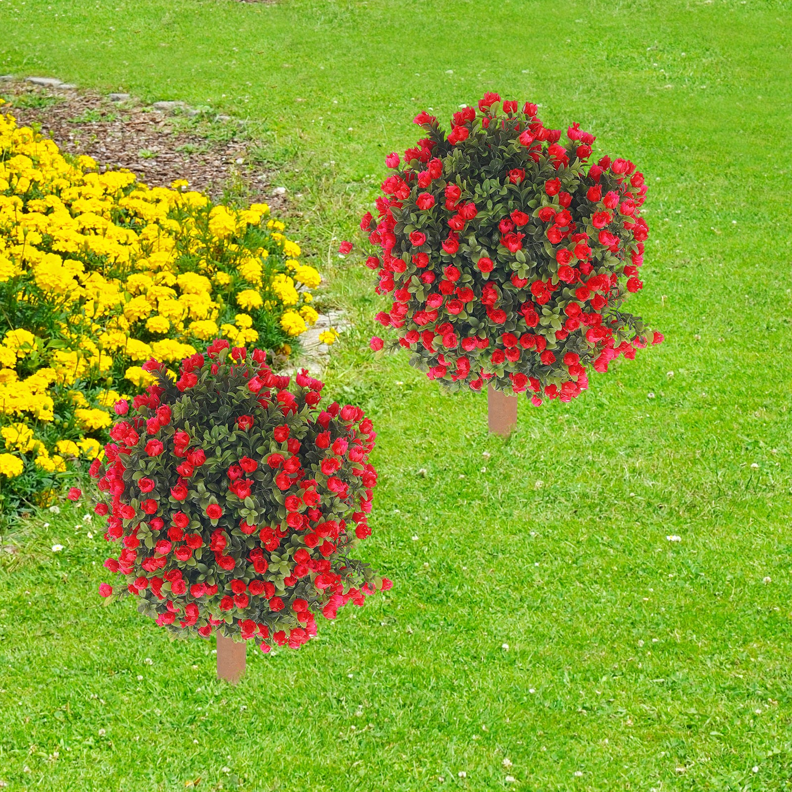 2* Artificial Boxwood Topiary Ball Trees Set with Red Flowers for Indoor/Outdoor