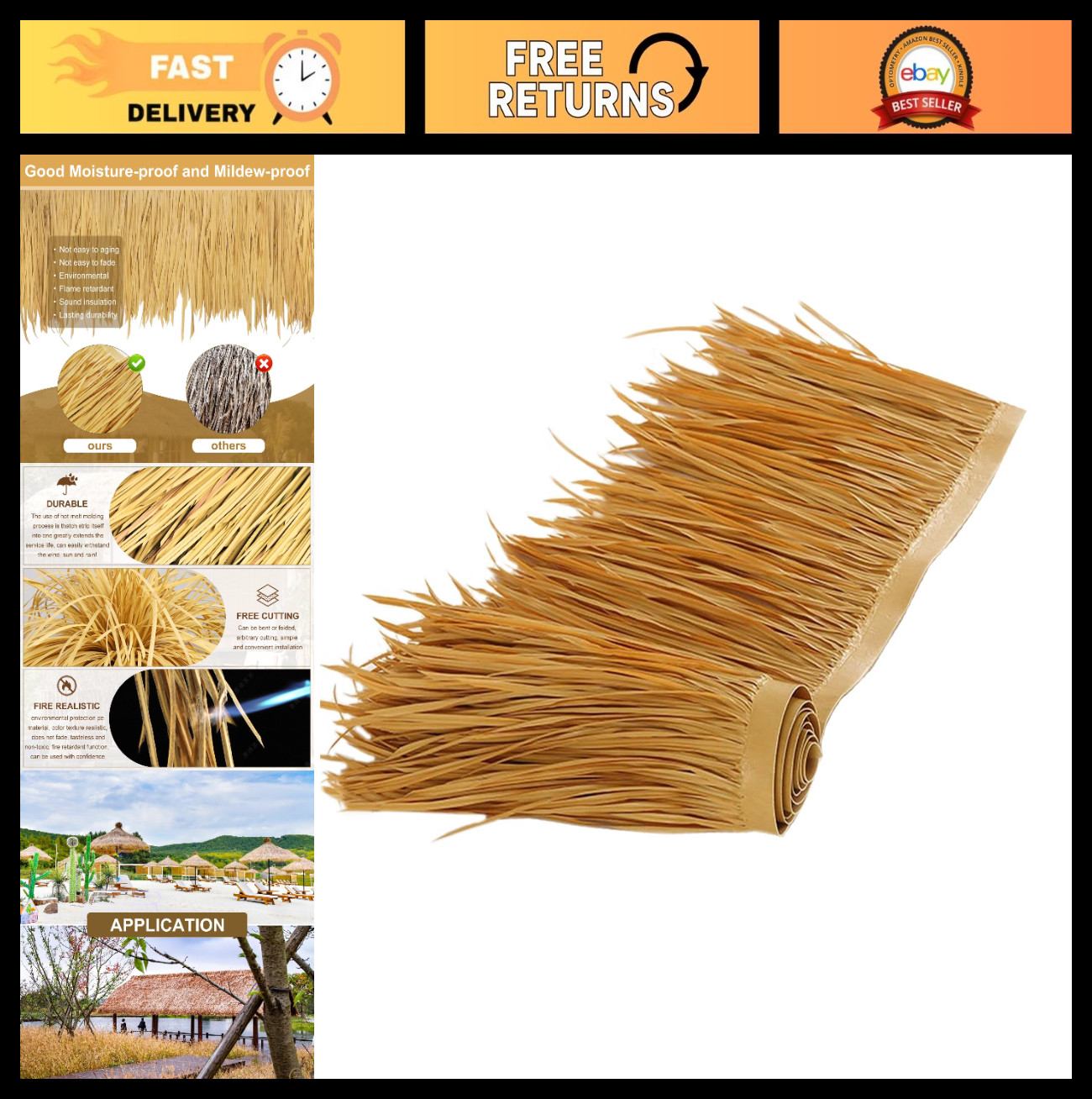 16ft x 16in Tiki Straw Thatch Roof Roll – Waterproof Mexican Palm Grass for Tiki