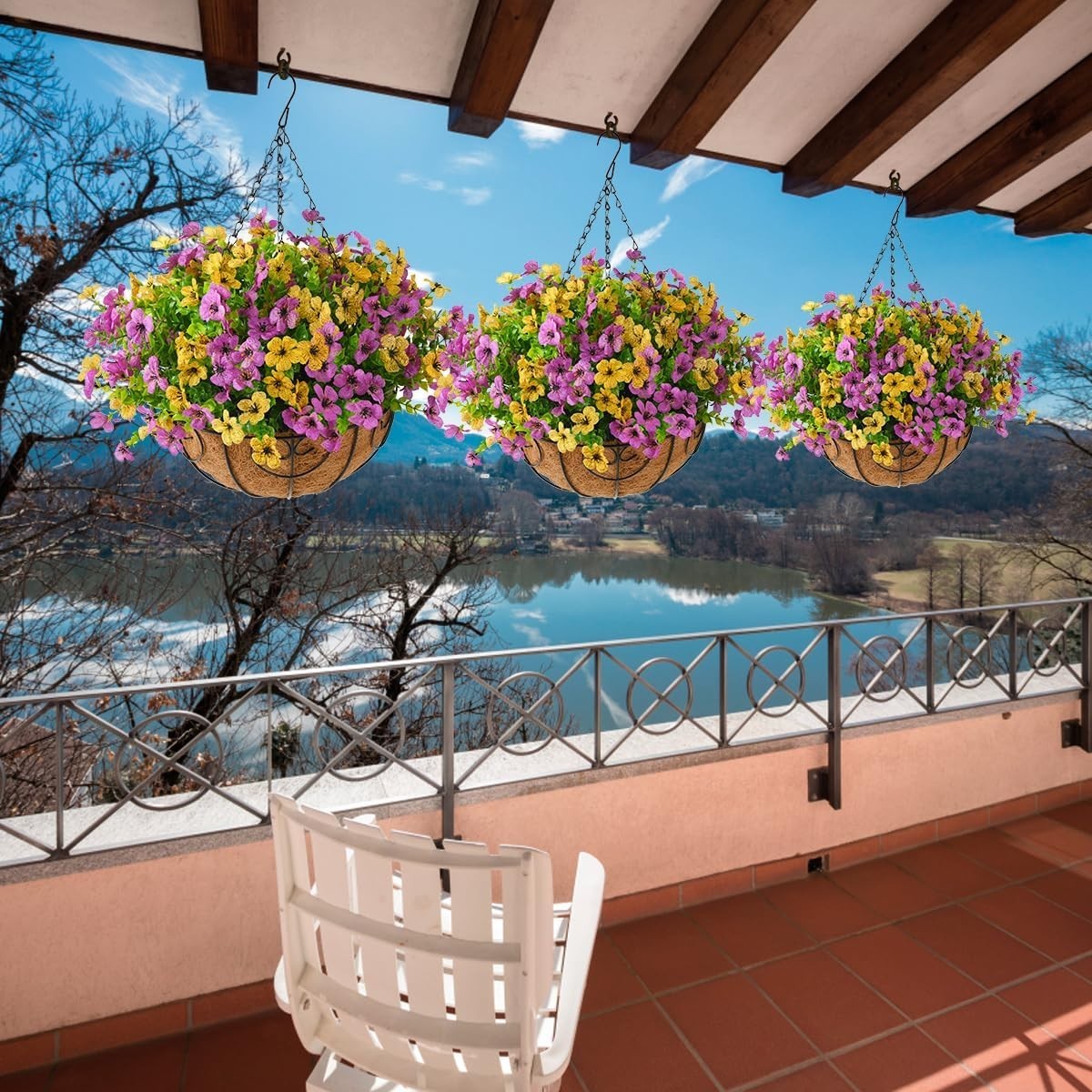 Vibrant UV Resistant Faux Hanging Daisies in Metal Basket – Outdoor Elegance