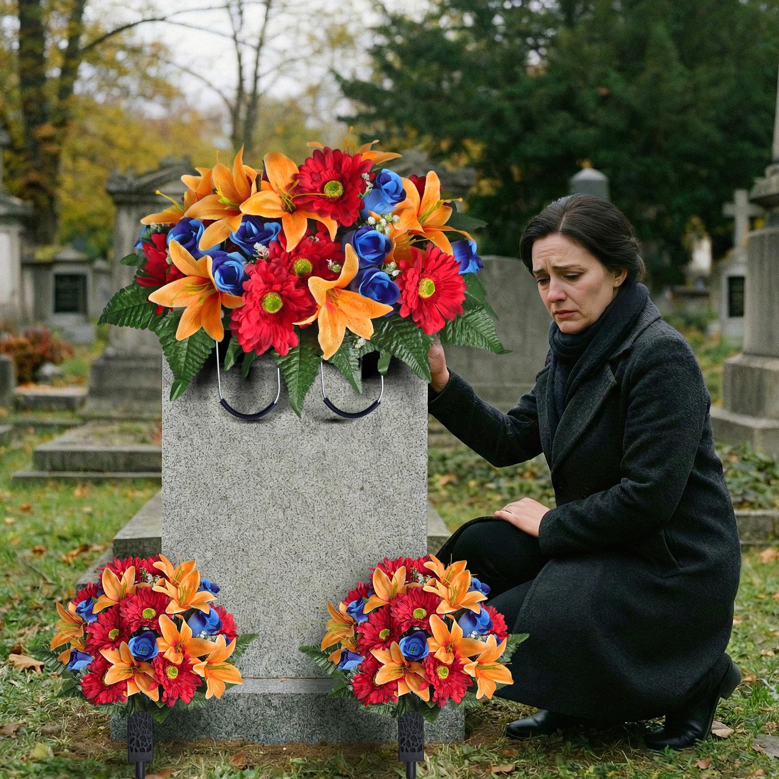 Artificial Cemetery Flower Saddles 3 PCS Lily Rose Gerbera with Vase for Grave