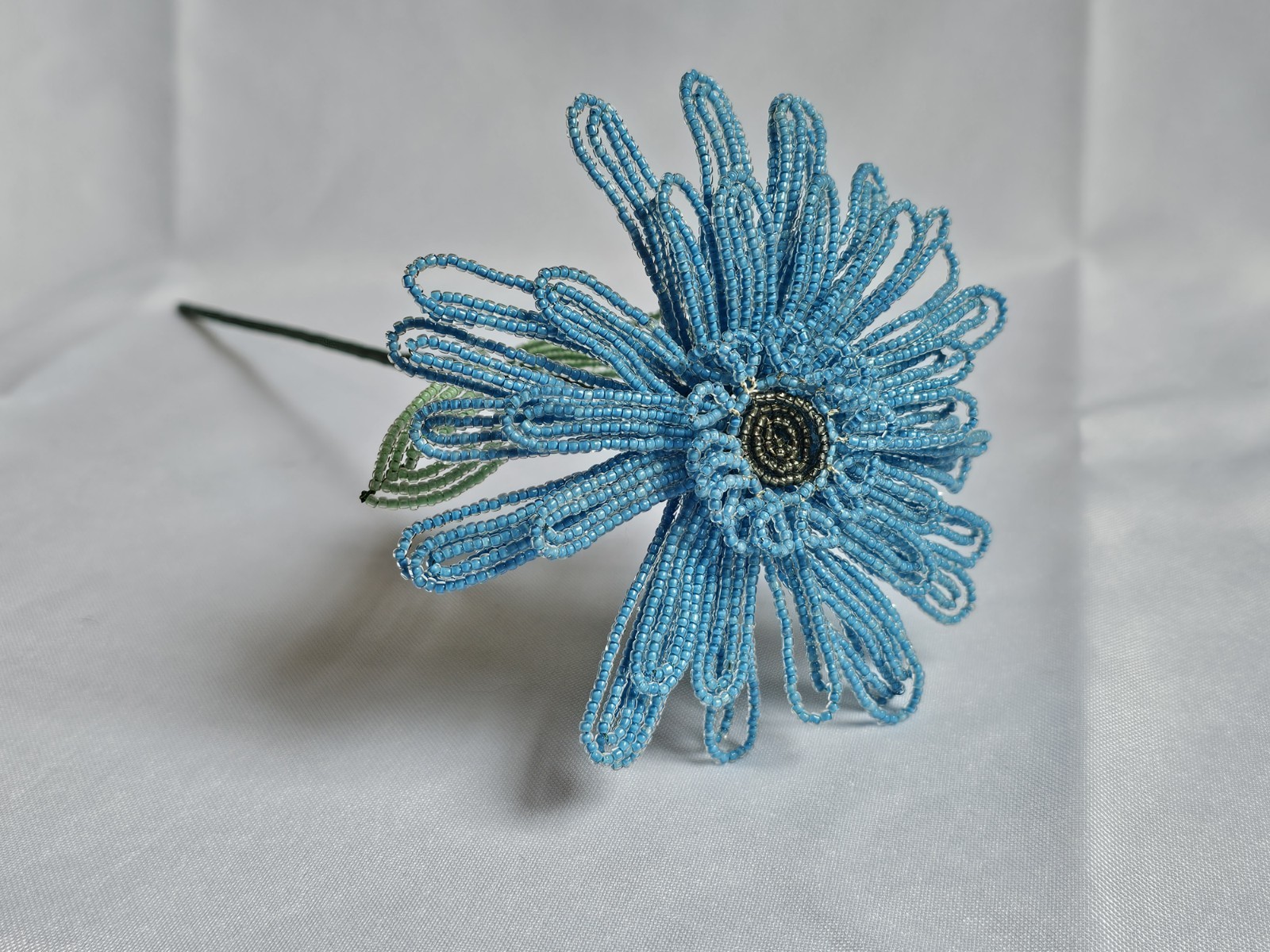 Aqua French Beaded Gerbera Daisy – Handmade Heirloom Floral Decor Gift Idea