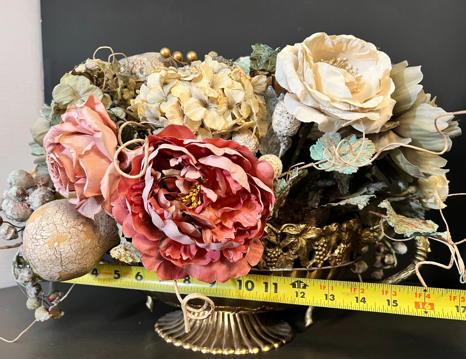 Vtg Large Ornate Grapevine Gooseneck Handle Brass Centerpiece Bowl Faux Flowers