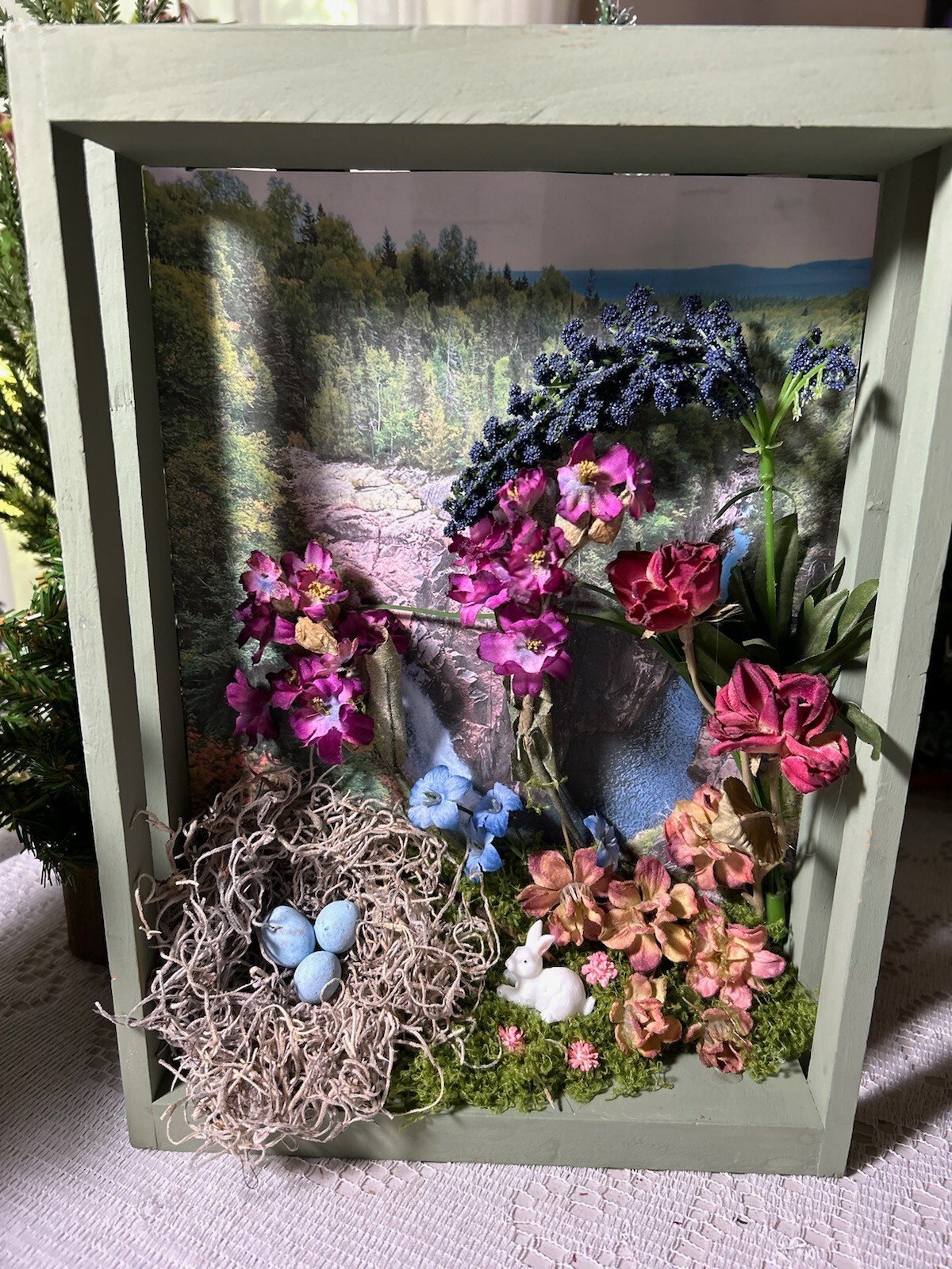 Handmade Nature Diorama Waterfall Birds Nest Dried Flowers